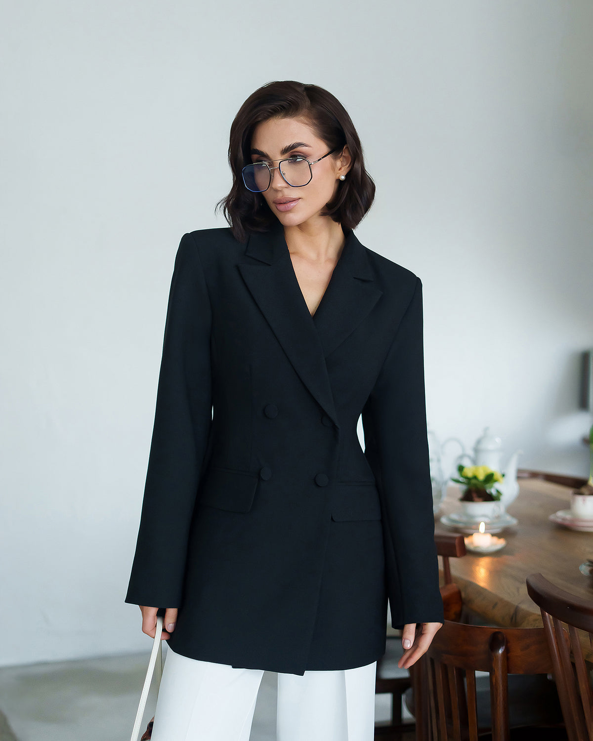 Women's Tailored Viscose Blazer Dress, Lined – Black/Ivory