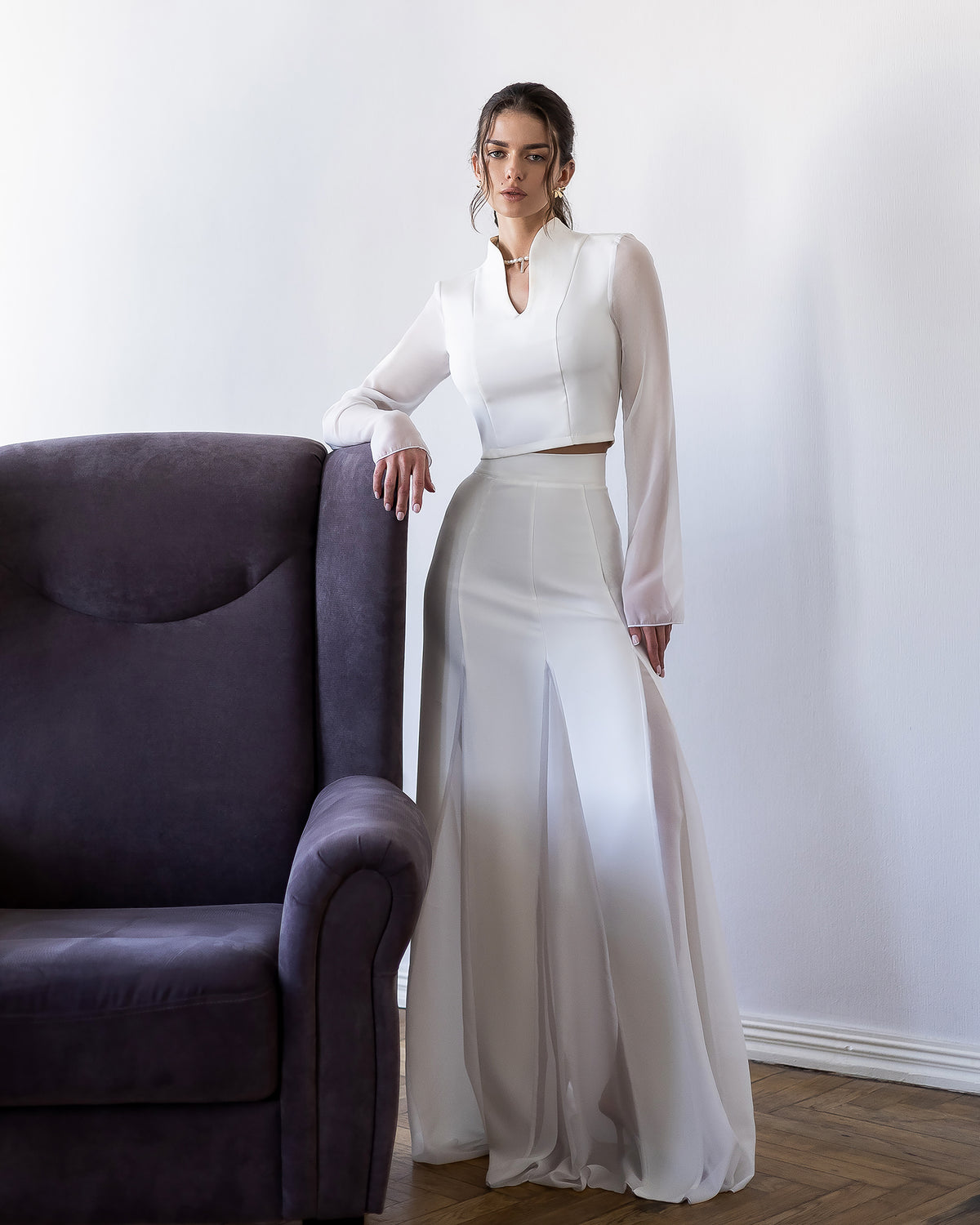 Elegant Two-Piece Crepe Top & Chiffon Maxi Skirt Set for Women