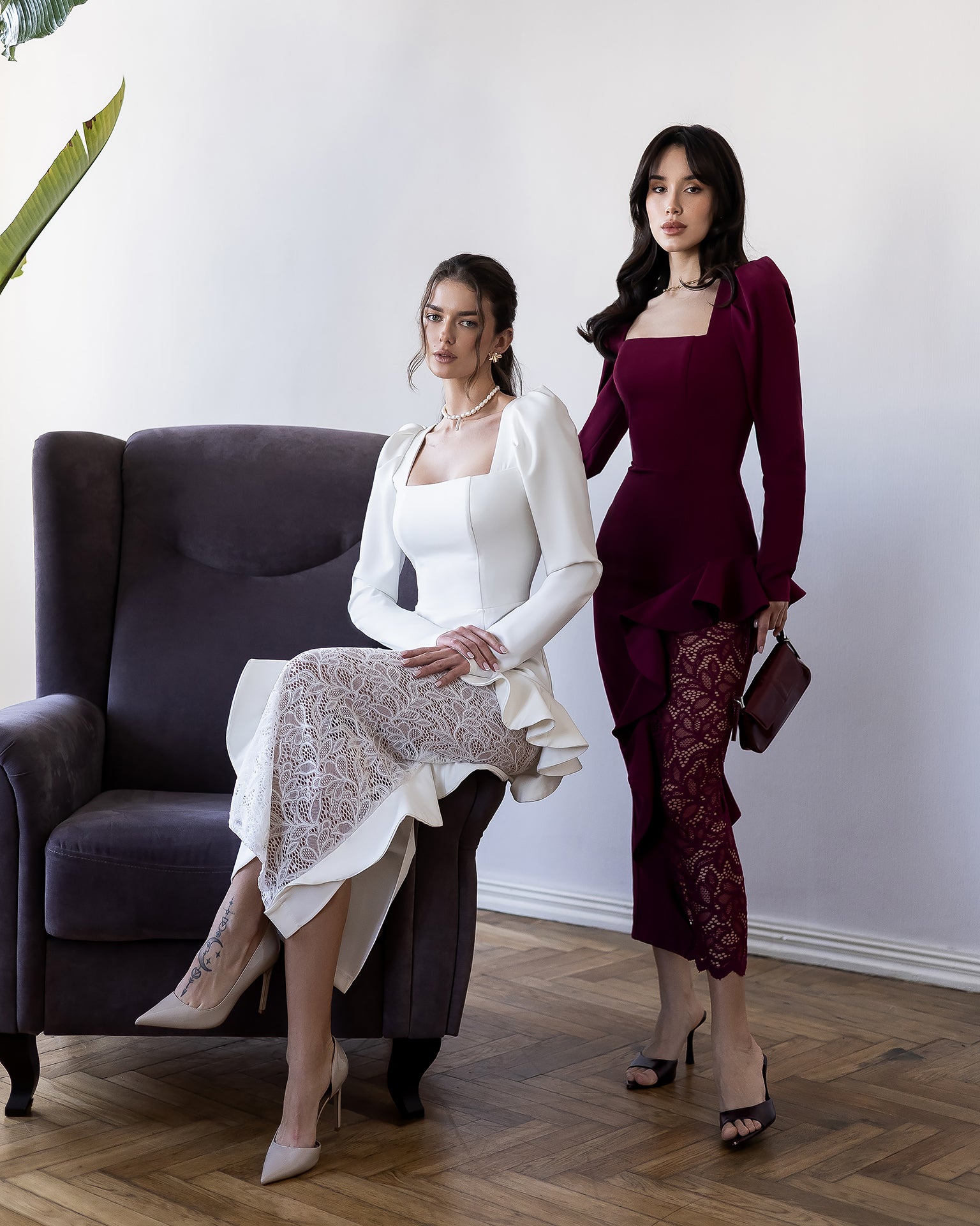 Guipure Lace & Crepe Midi Dress | Black, Ivory, Blue, Burgundy
