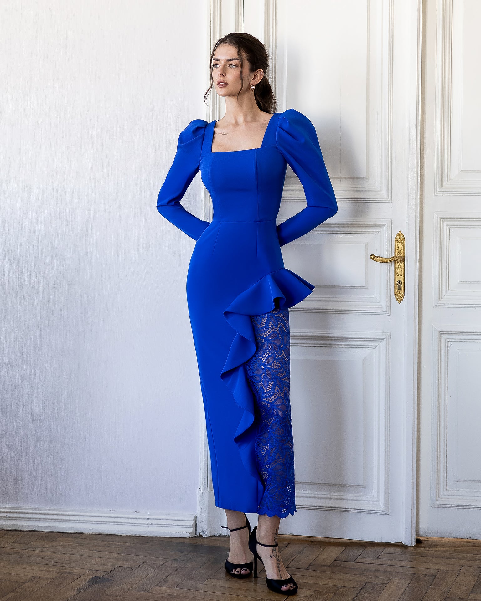Guipure Lace & Crepe Midi Dress | Black, Ivory, Blue, Burgundy