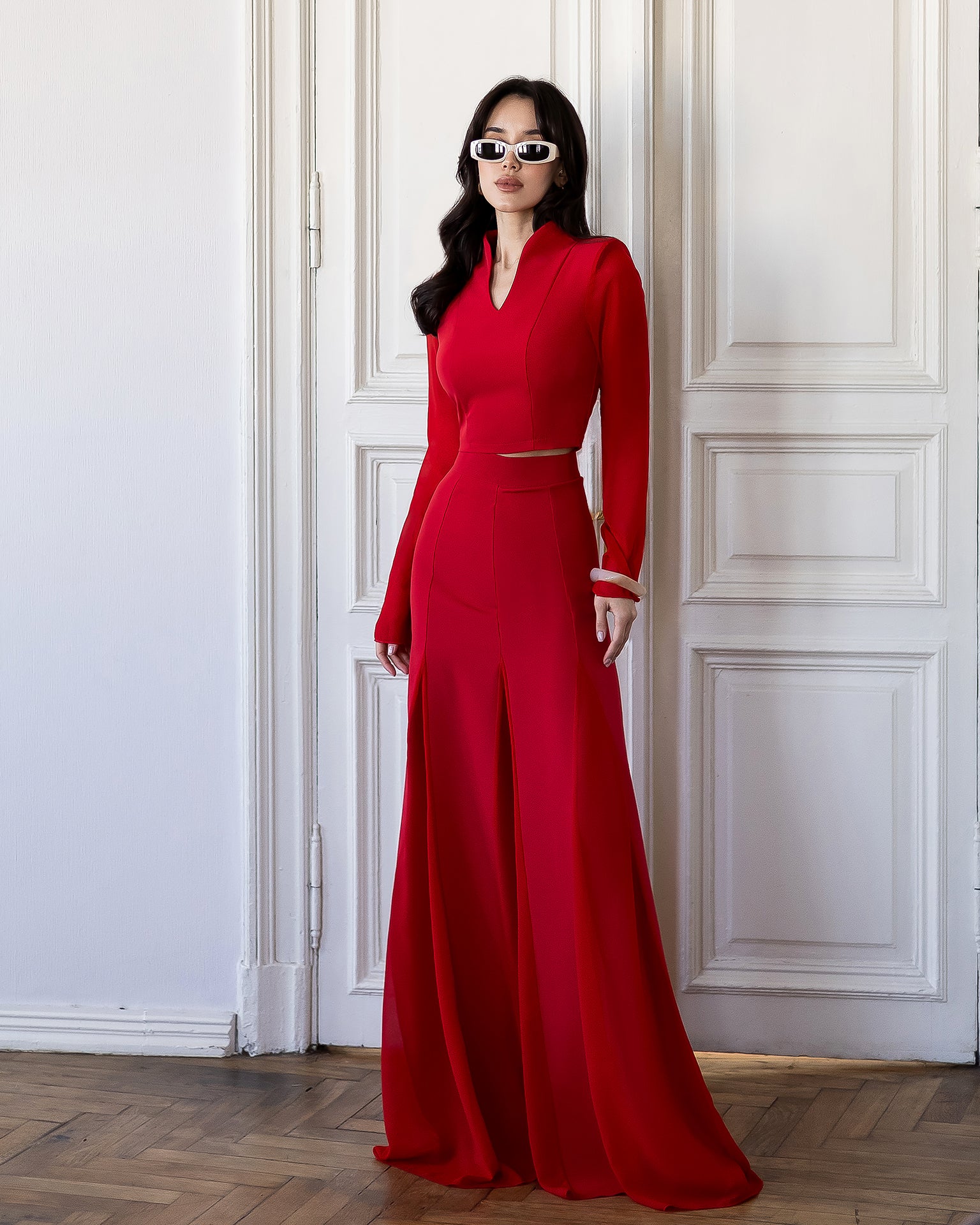 Elegant Two-Piece Crepe Top & Chiffon Maxi Skirt Set for Women