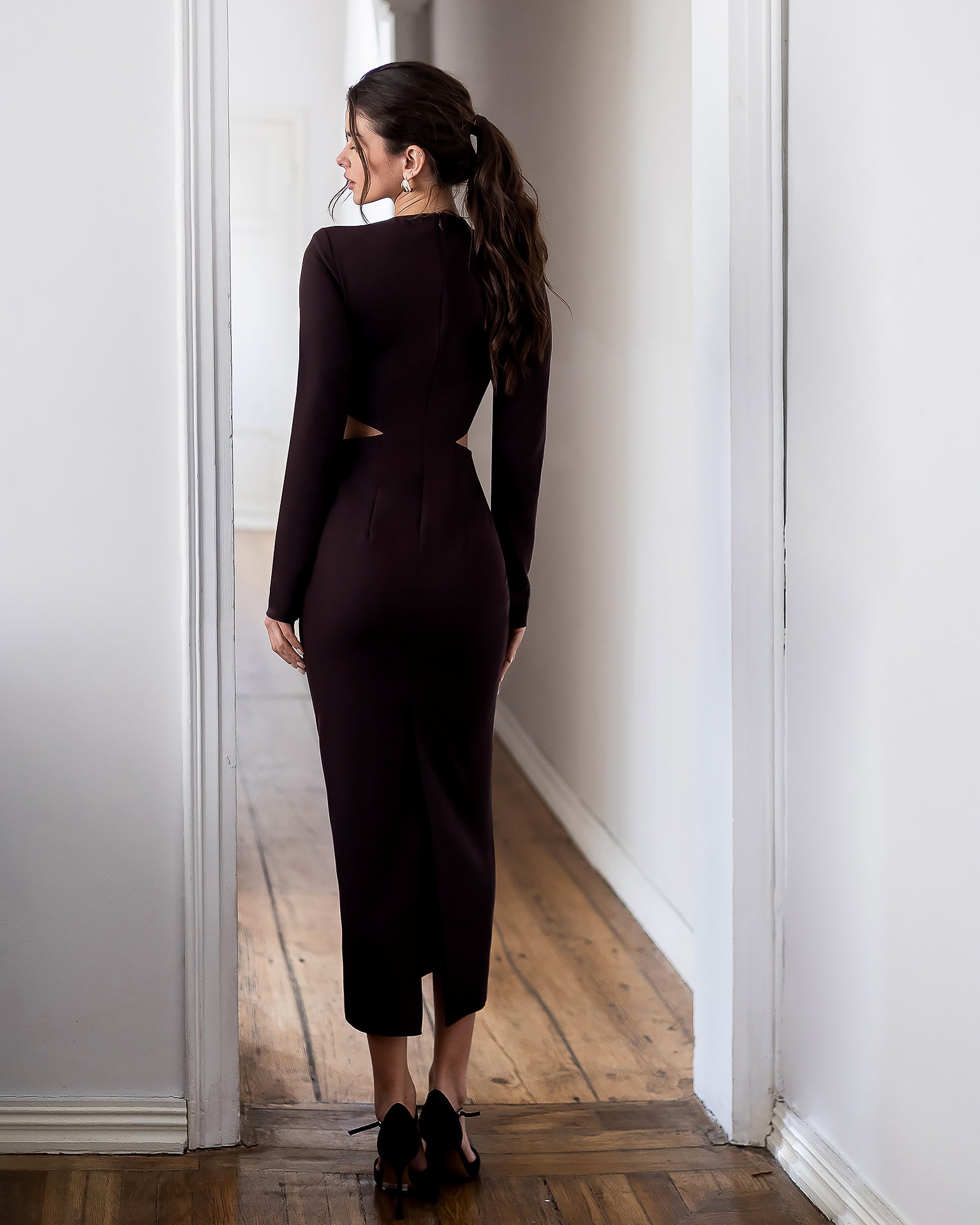 Premium Crepe Midi Dress in Ivory, Black, Red, Chocolate, Emerald