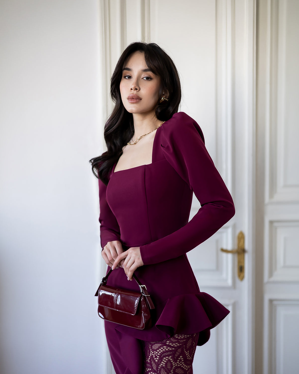 Guipure Lace & Crepe Midi Dress | Black, Ivory, Blue, Burgundy