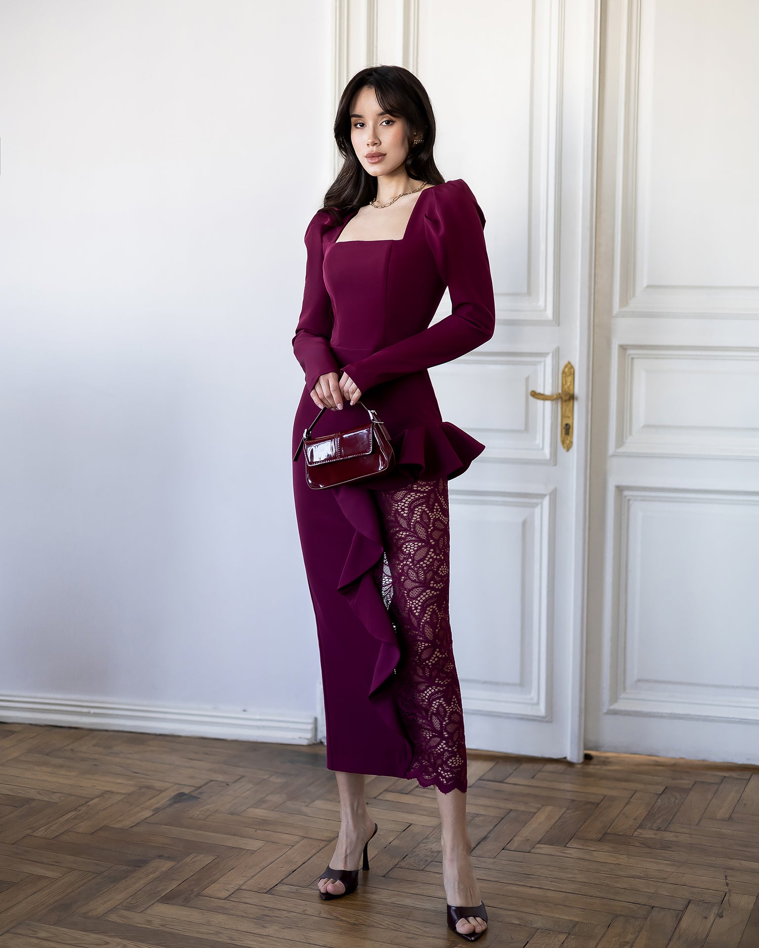 Guipure Lace & Crepe Midi Dress | Black, Ivory, Blue, Burgundy
