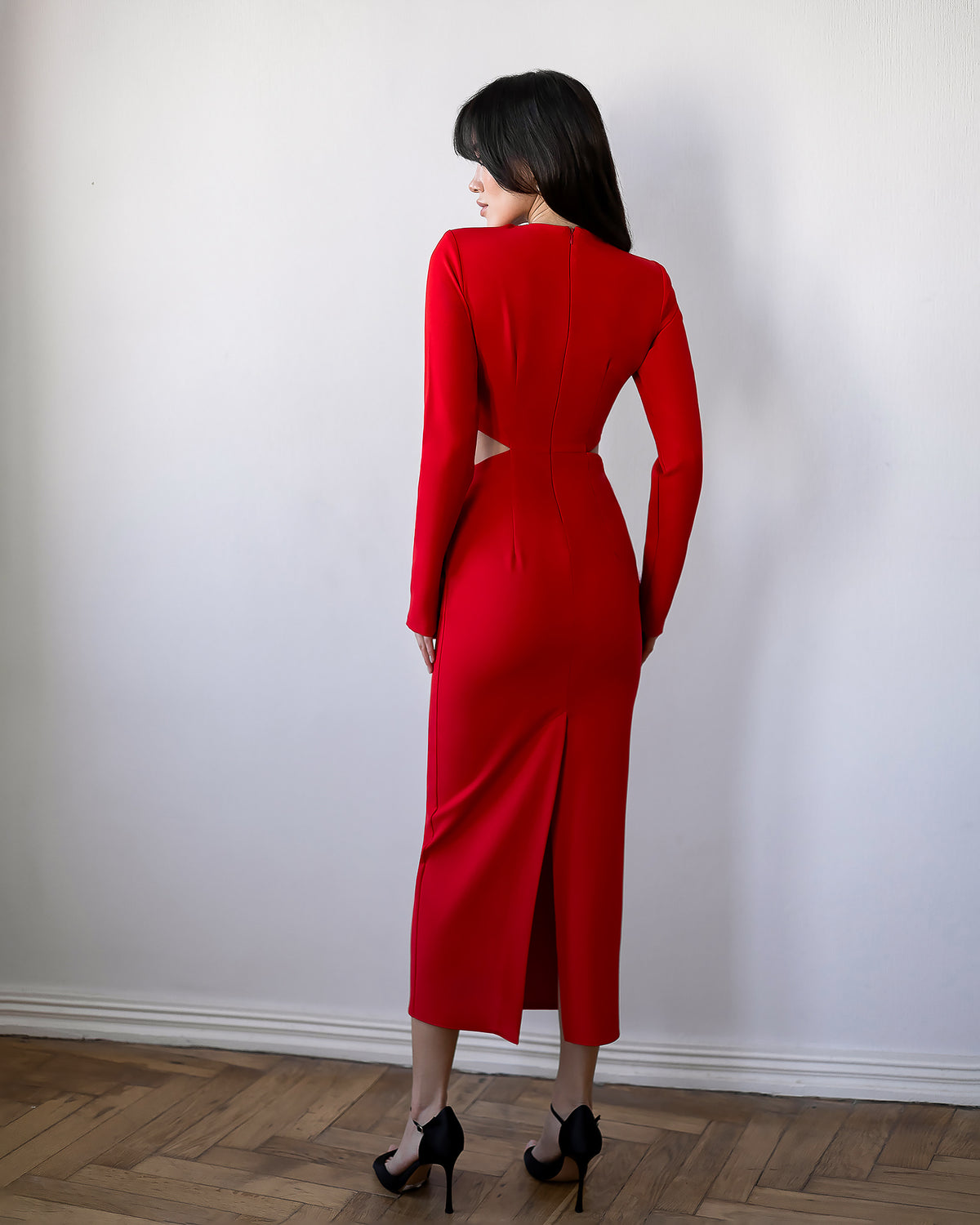 Premium Crepe Midi Dress in Ivory, Black, Red, Chocolate, Emerald