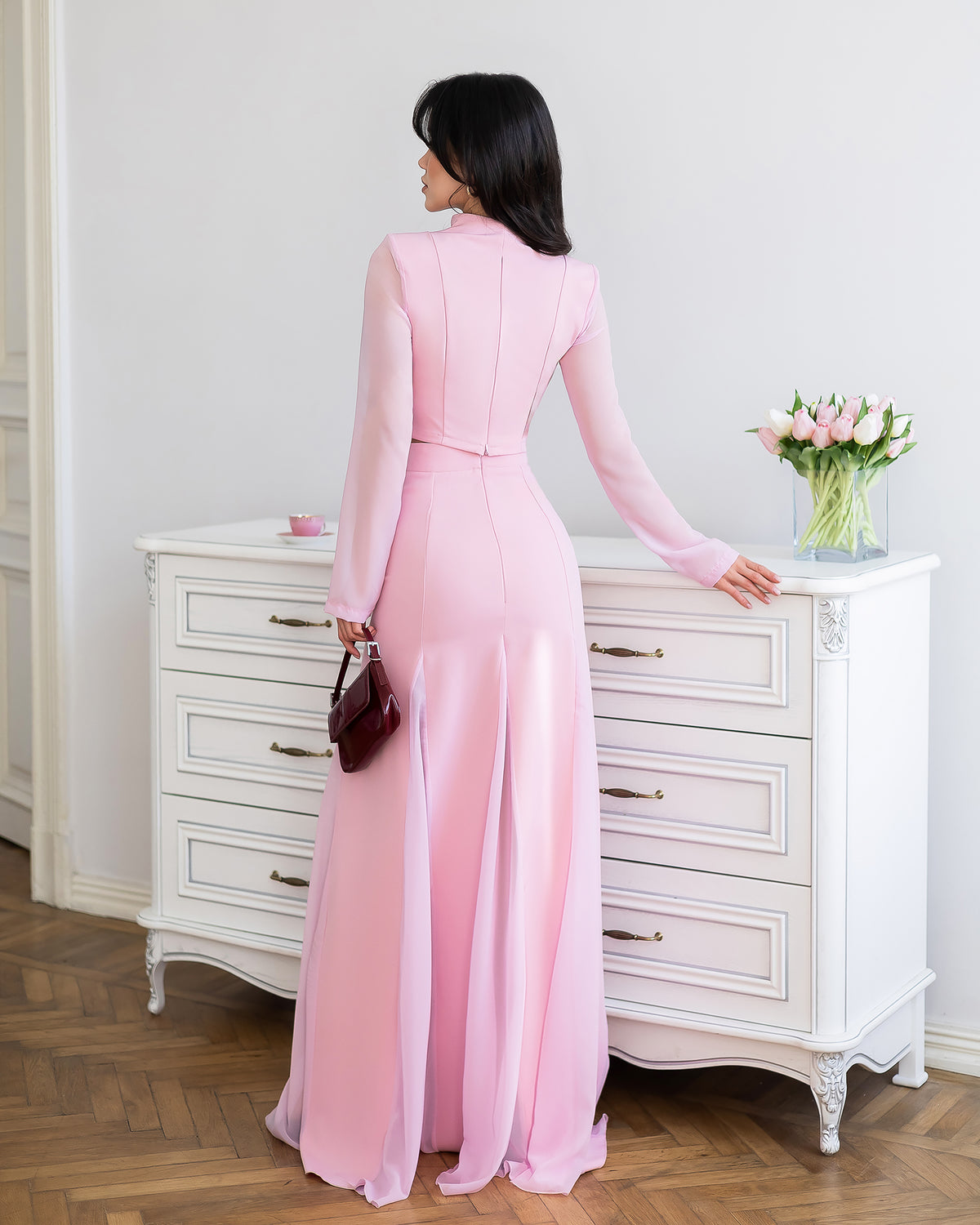 Elegant Two-Piece Crepe Top & Chiffon Maxi Skirt Set for Women