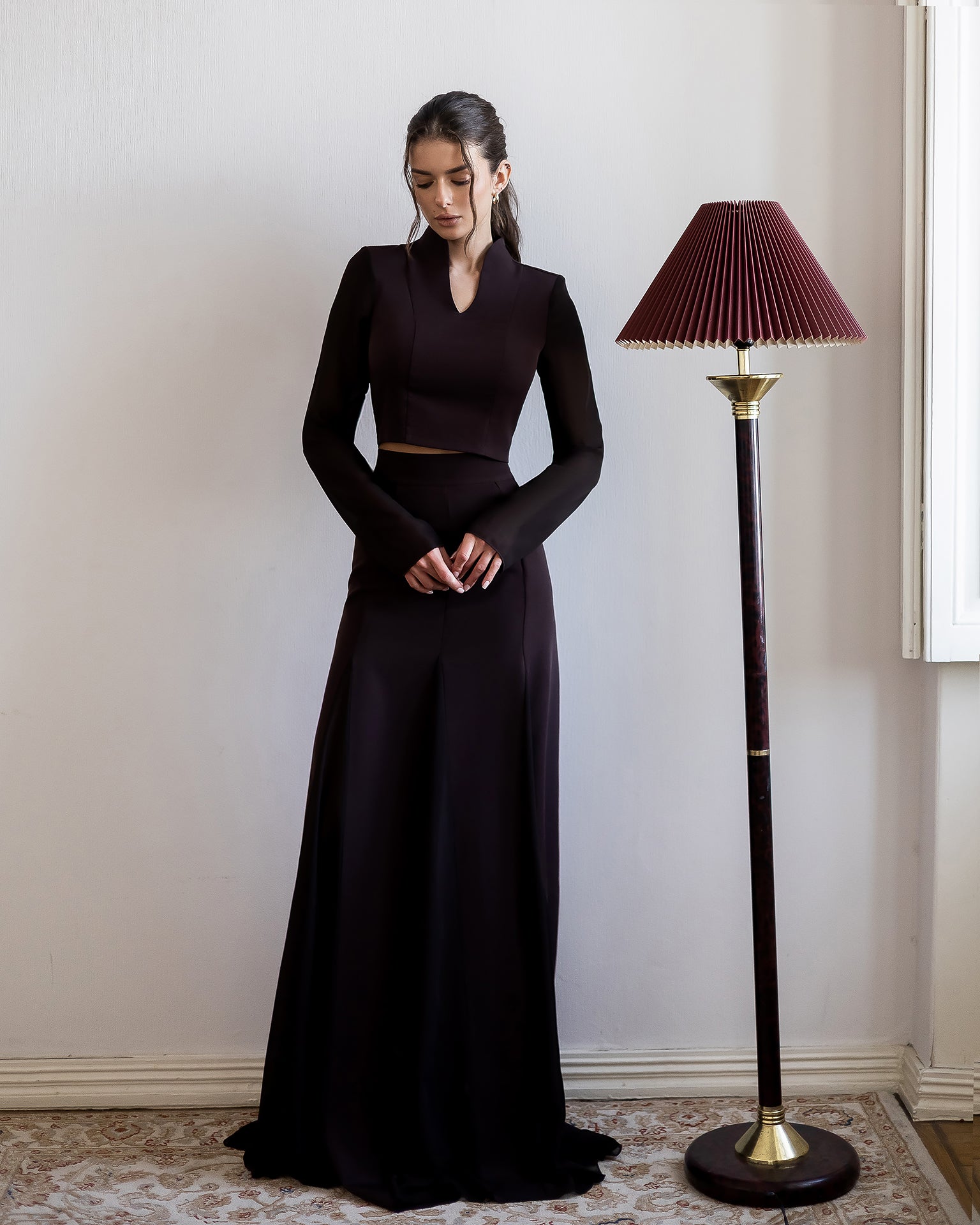 Elegant Two-Piece Crepe Top & Chiffon Maxi Skirt Set for Women