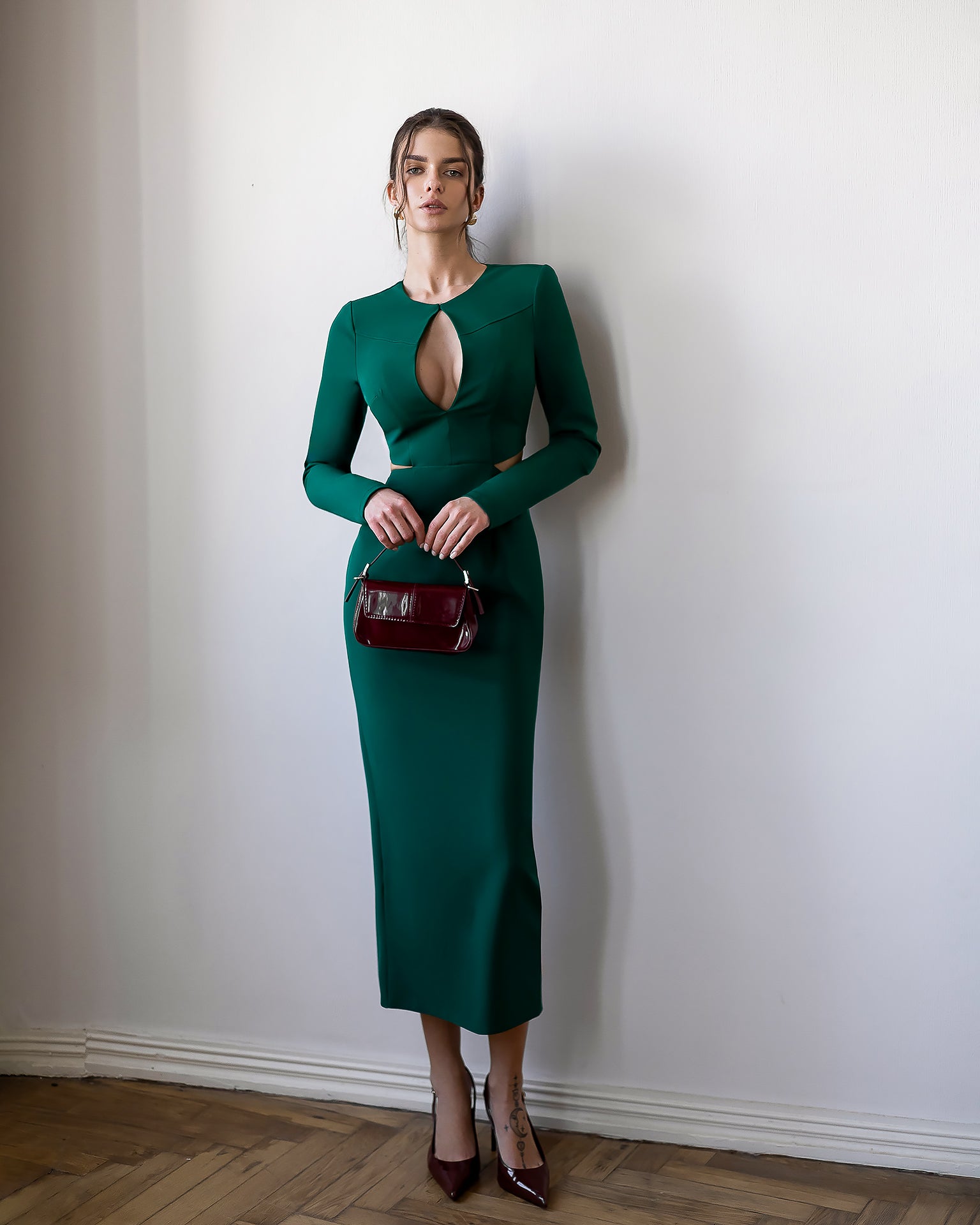 Premium Crepe Midi Dress in Ivory, Black, Red, Chocolate, Emerald