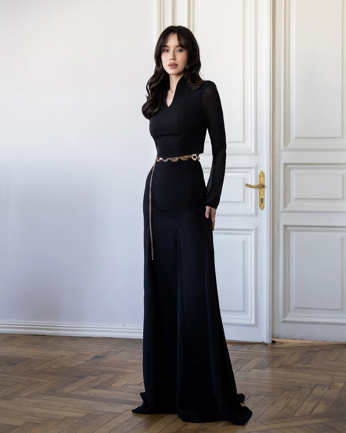 Elegant Two-Piece Crepe Top & Chiffon Maxi Skirt Set for Women