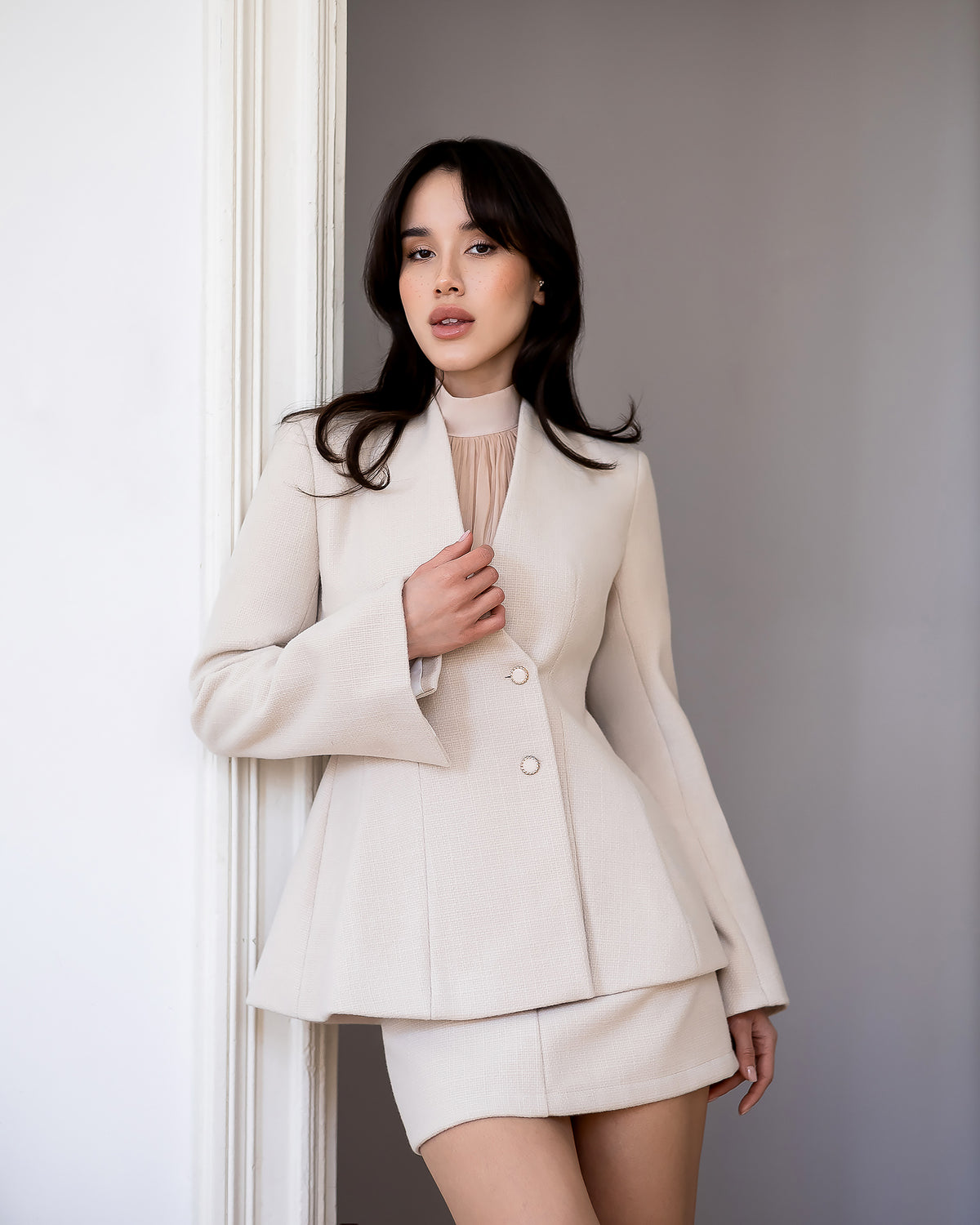 Women's Bouclé Tweed Blazer & Skirt Suit Set – Black, Cream, Beige