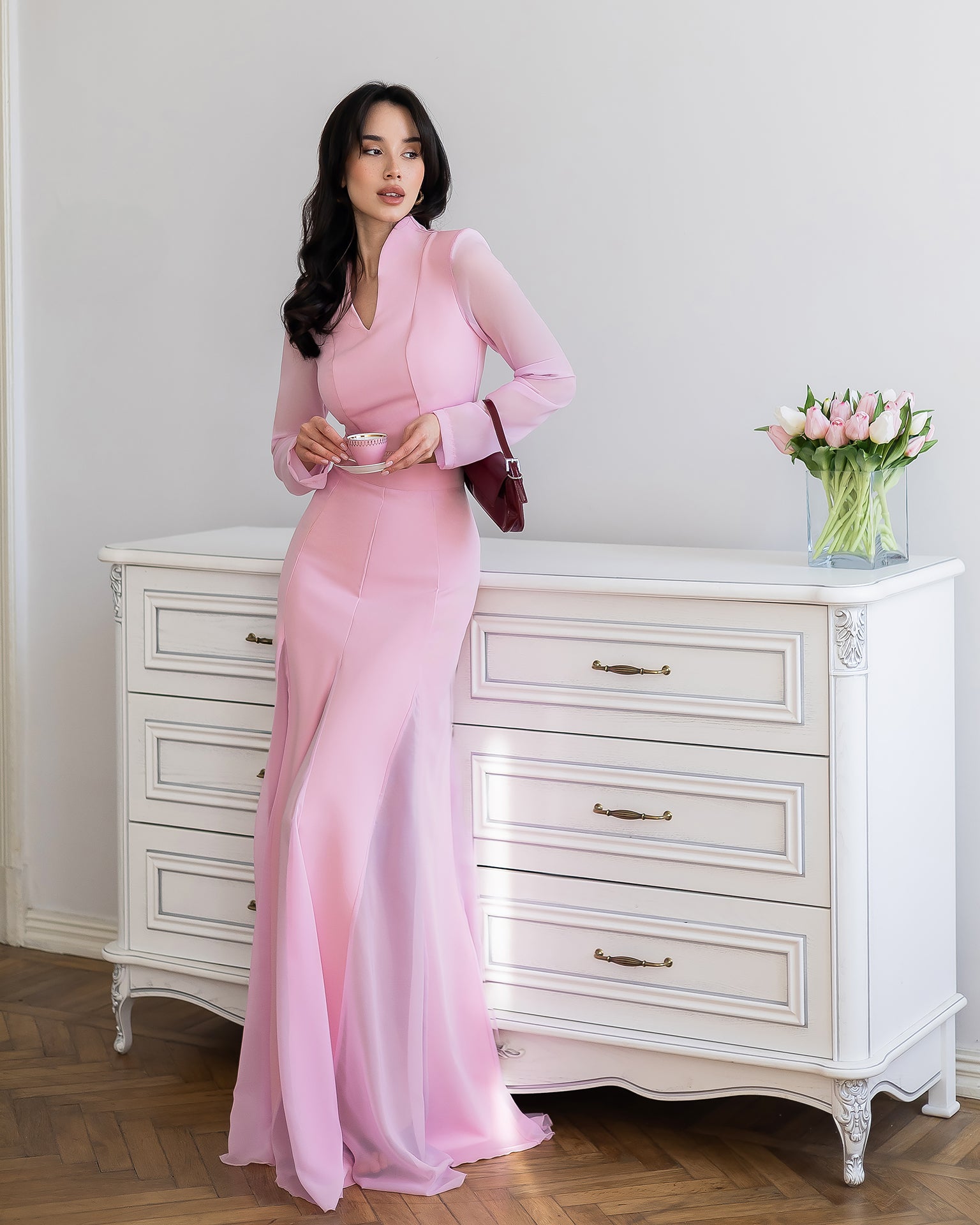 Elegant Two-Piece Crepe Top & Chiffon Maxi Skirt Set for Women