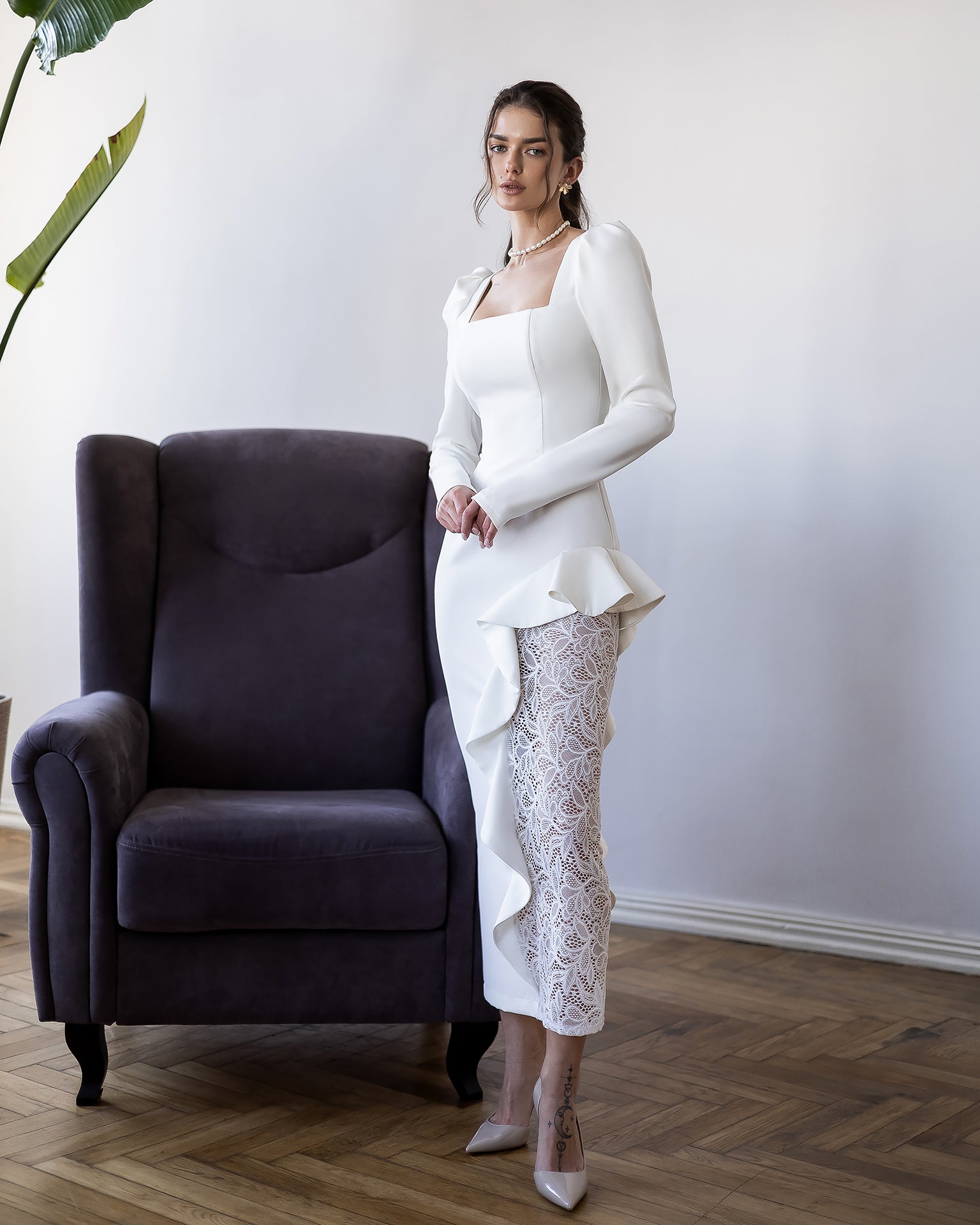 Guipure Lace & Crepe Midi Dress | Black, Ivory, Blue, Burgundy