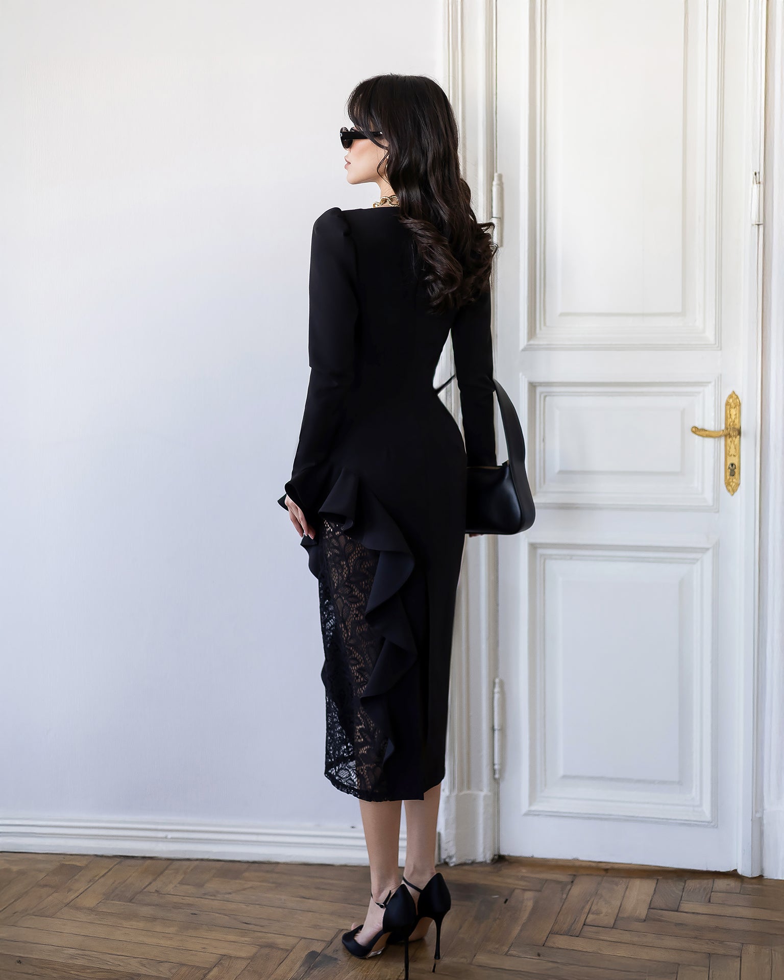 Guipure Lace & Crepe Midi Dress | Black, Ivory, Blue, Burgundy