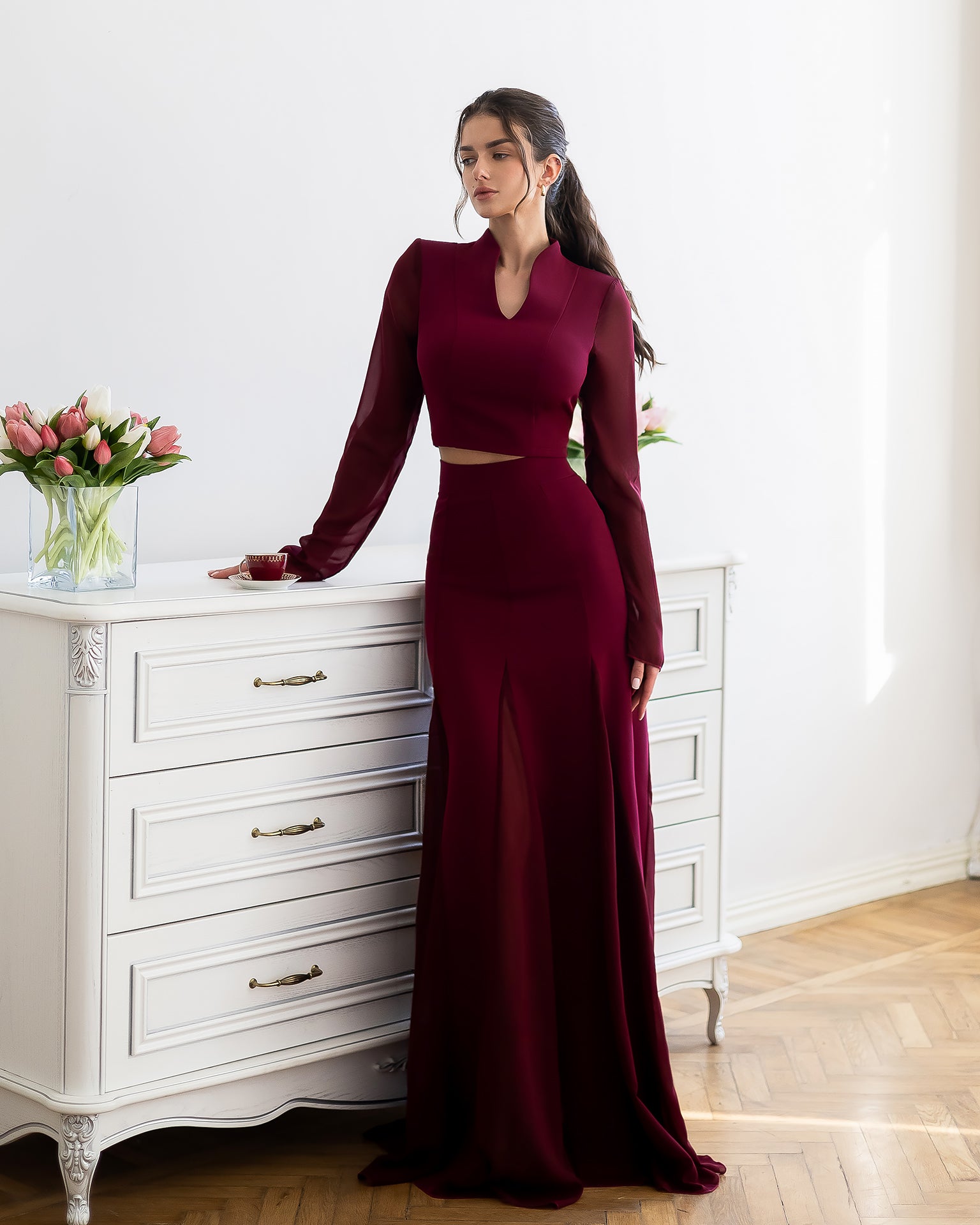 Elegant Two-Piece Crepe Top & Chiffon Maxi Skirt Set for Women