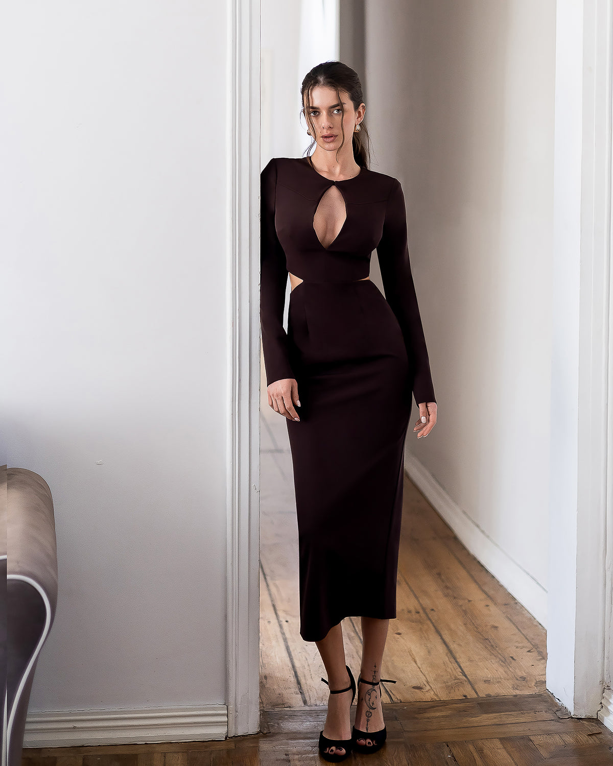 Premium Crepe Midi Dress in Ivory, Black, Red, Chocolate, Emerald