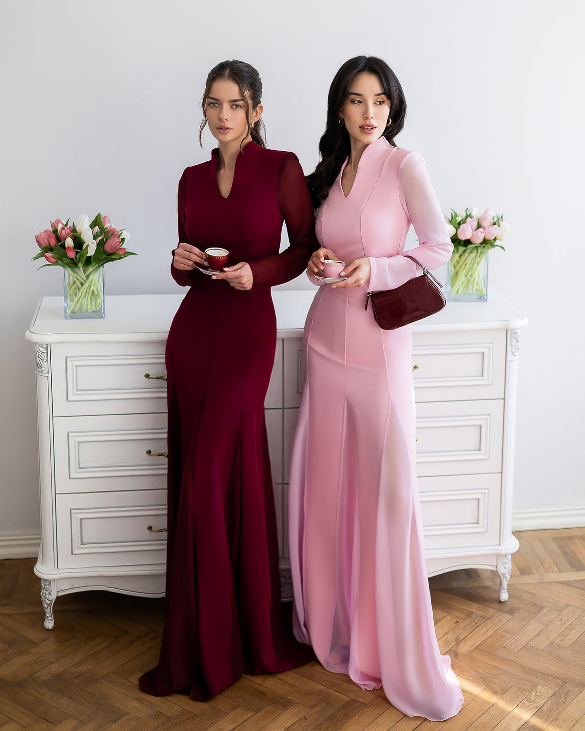 Elegant Two-Piece Crepe Top & Chiffon Maxi Skirt Set for Women