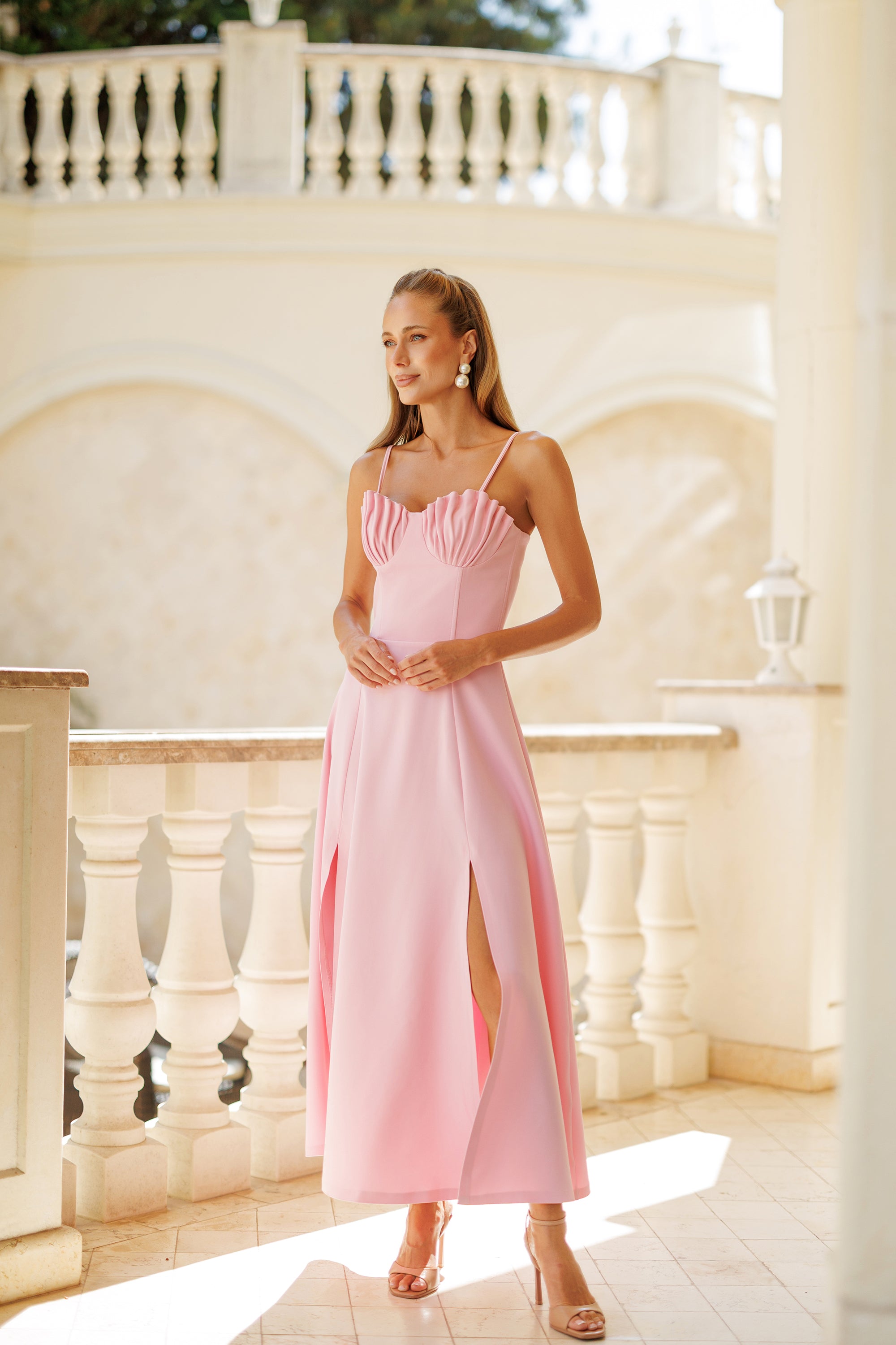 Elegant Midi Crepe Dress with Pleated Bust and Side Slits
