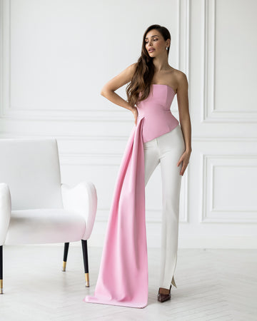 Strapless Bandeau Top with Crepe Train in Black, Ivory, Pink, Sky Blue