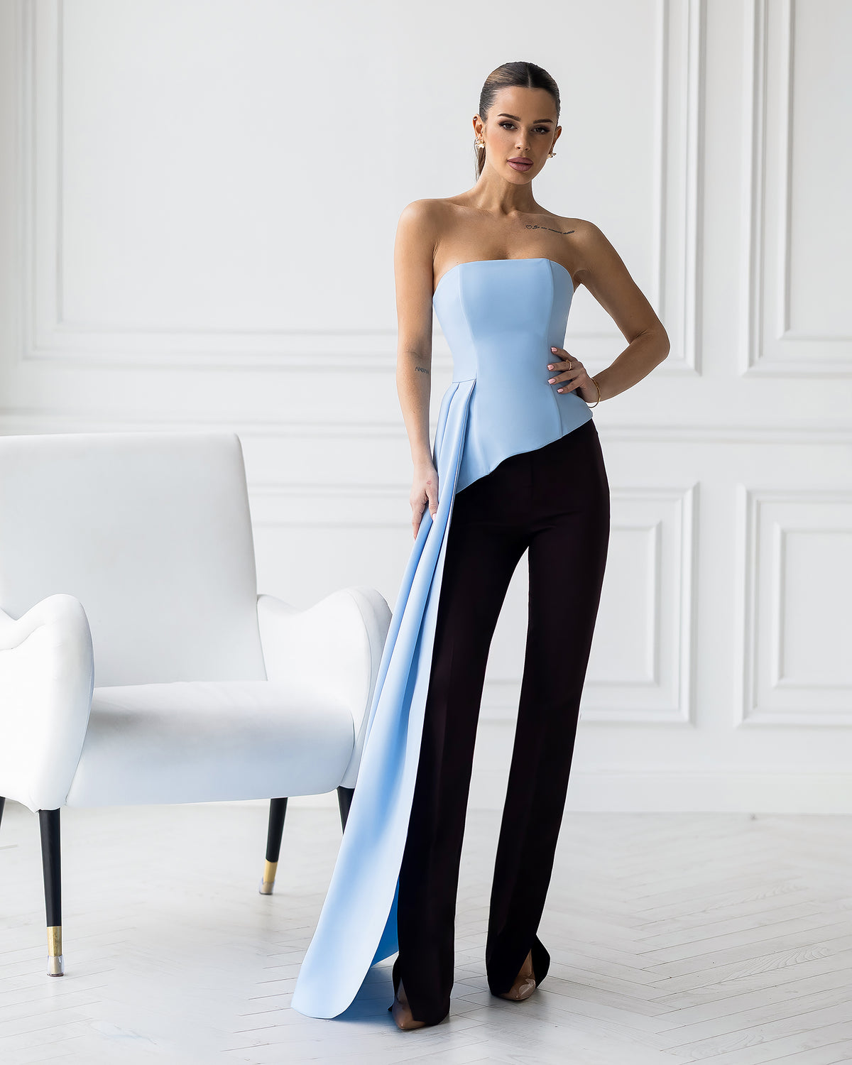 Strapless Bandeau Top with Crepe Train in Black, Ivory, Pink, Sky Blue