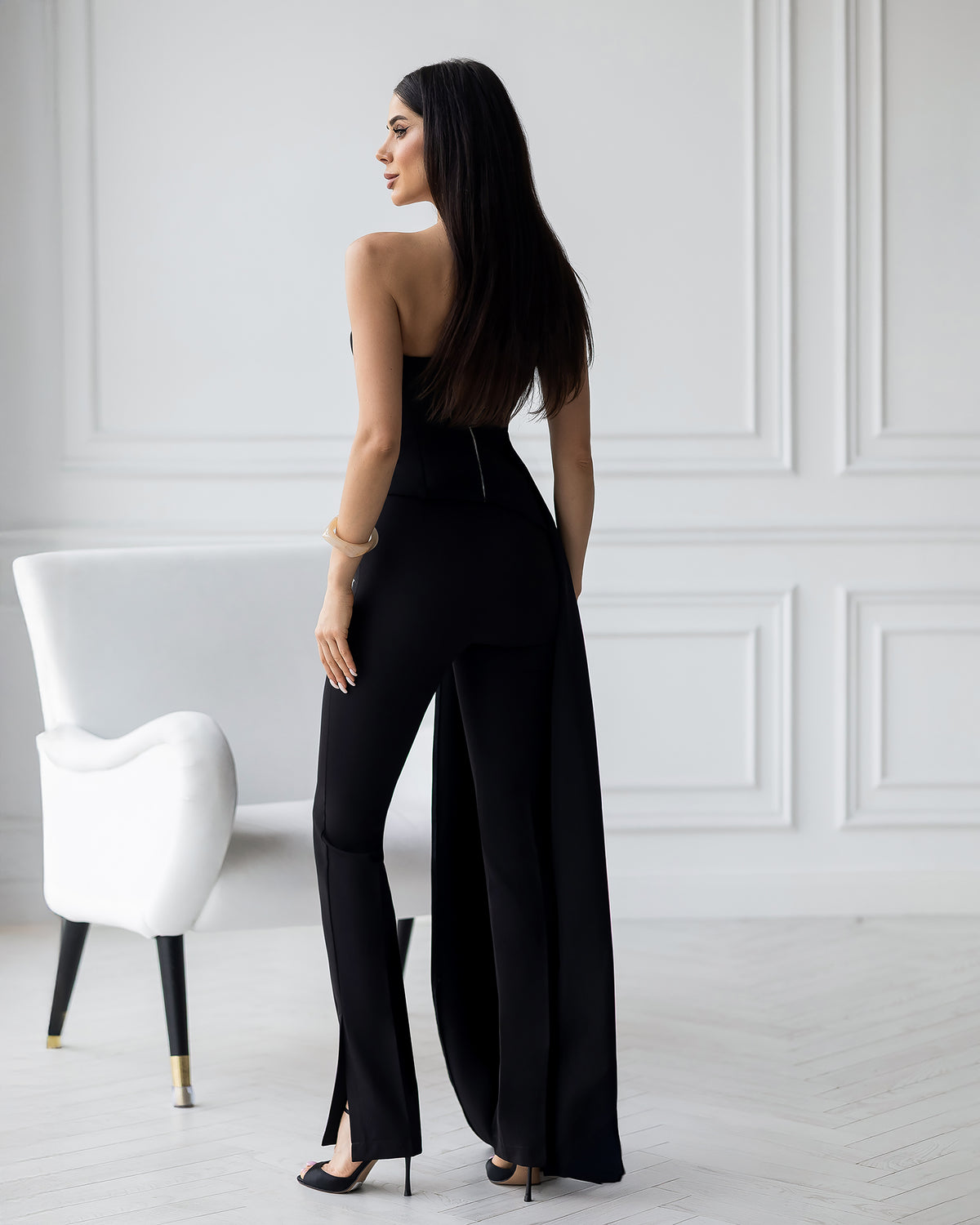Strapless Bandeau Top with Crepe Train in Black, Ivory, Pink, Sky Blue