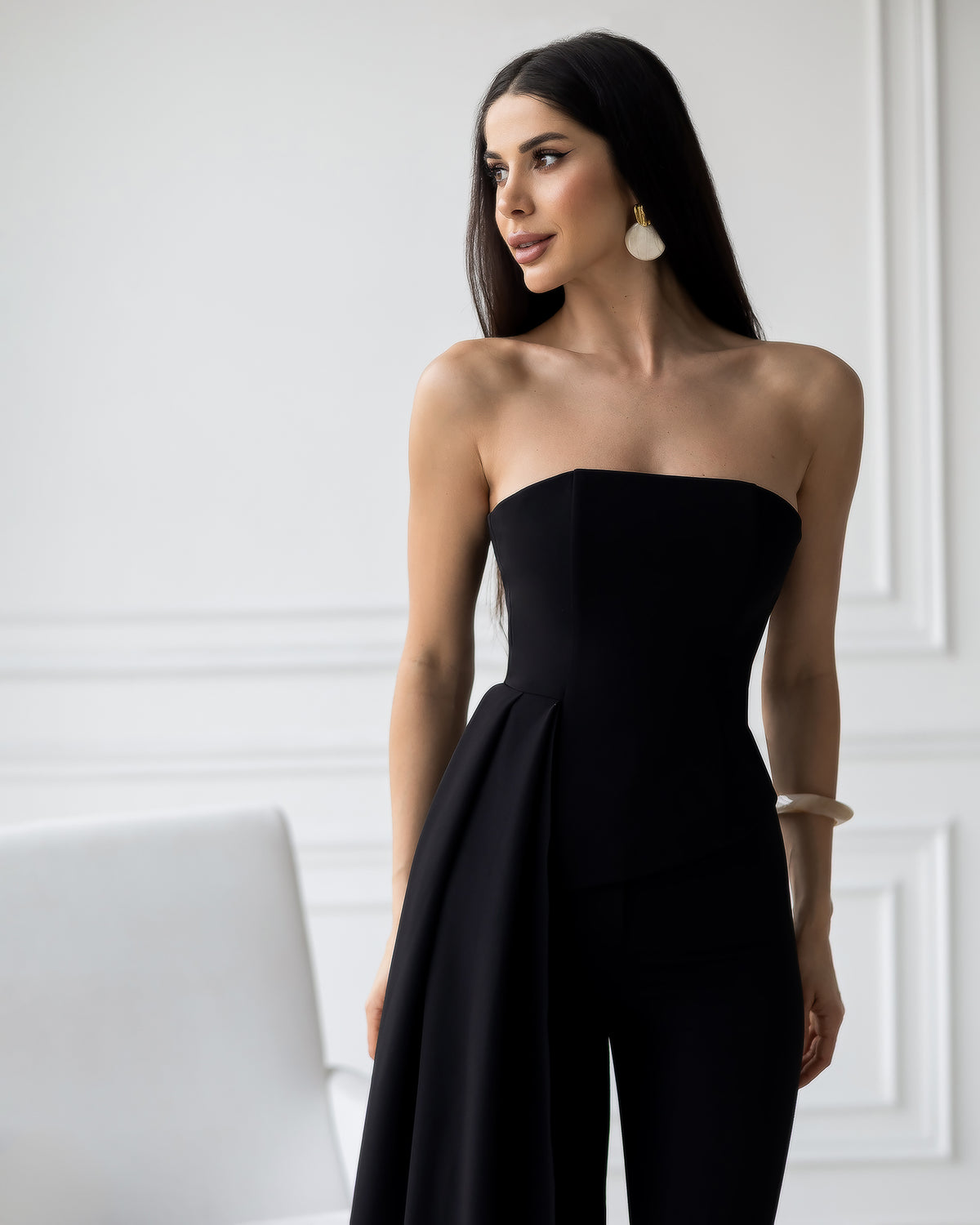 Strapless Bandeau Top with Crepe Train in Black, Ivory, Pink, Sky Blue