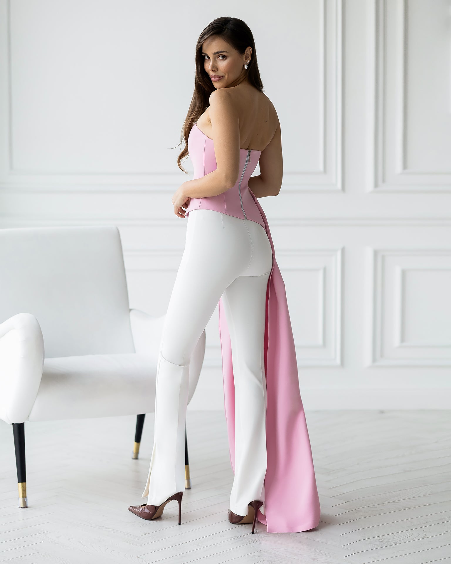 Strapless Bandeau Top with Crepe Train in Black, Ivory, Pink, Sky Blue