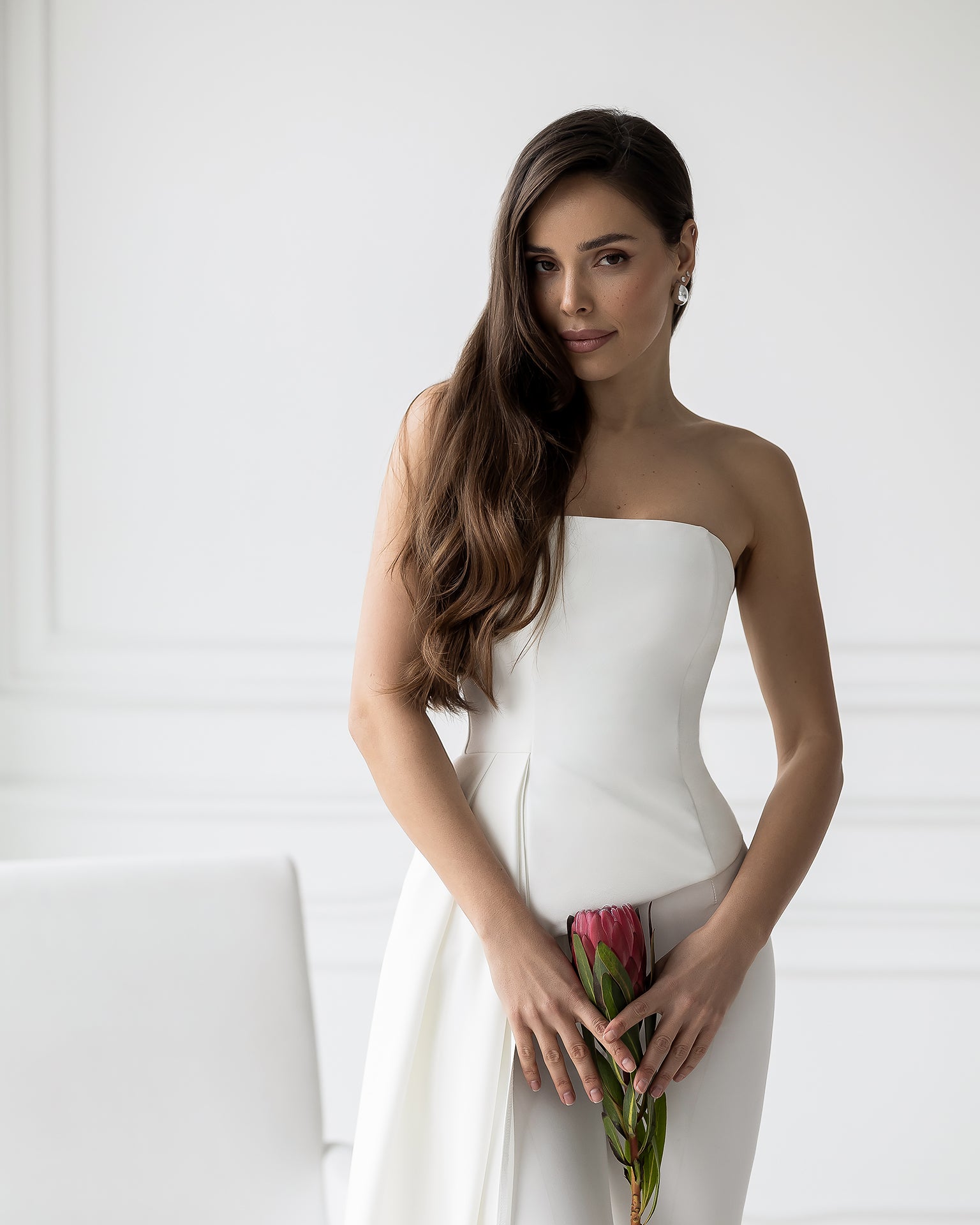 Strapless Bandeau Top with Crepe Train in Black, Ivory, Pink, Sky Blue