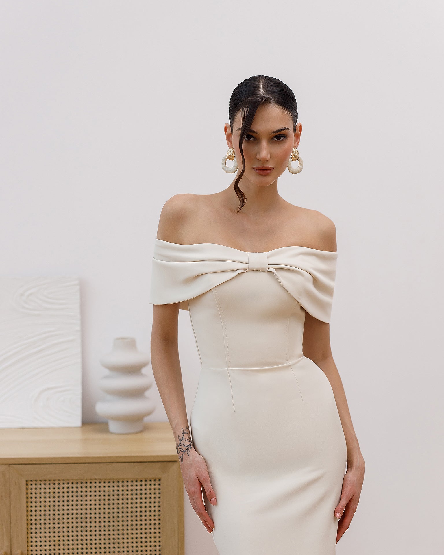 Corset Crepe Midi Dress with Boning in Black, Cream & More
