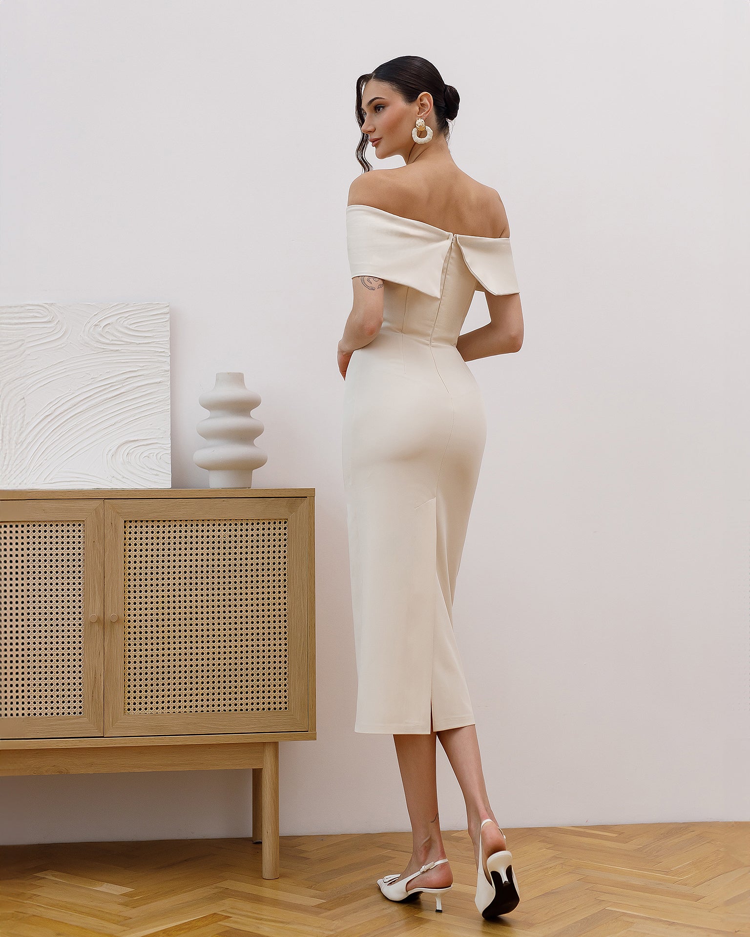 Corset Crepe Midi Dress with Boning in Black, Cream & More