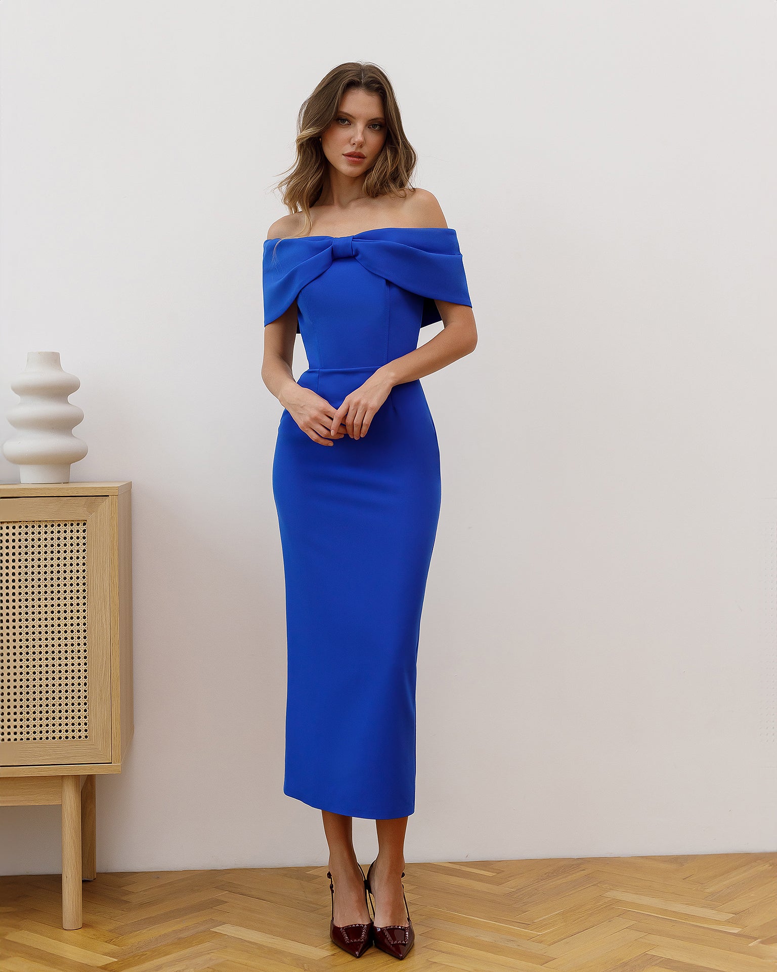 Corset Crepe Midi Dress with Boning in Black, Cream & More