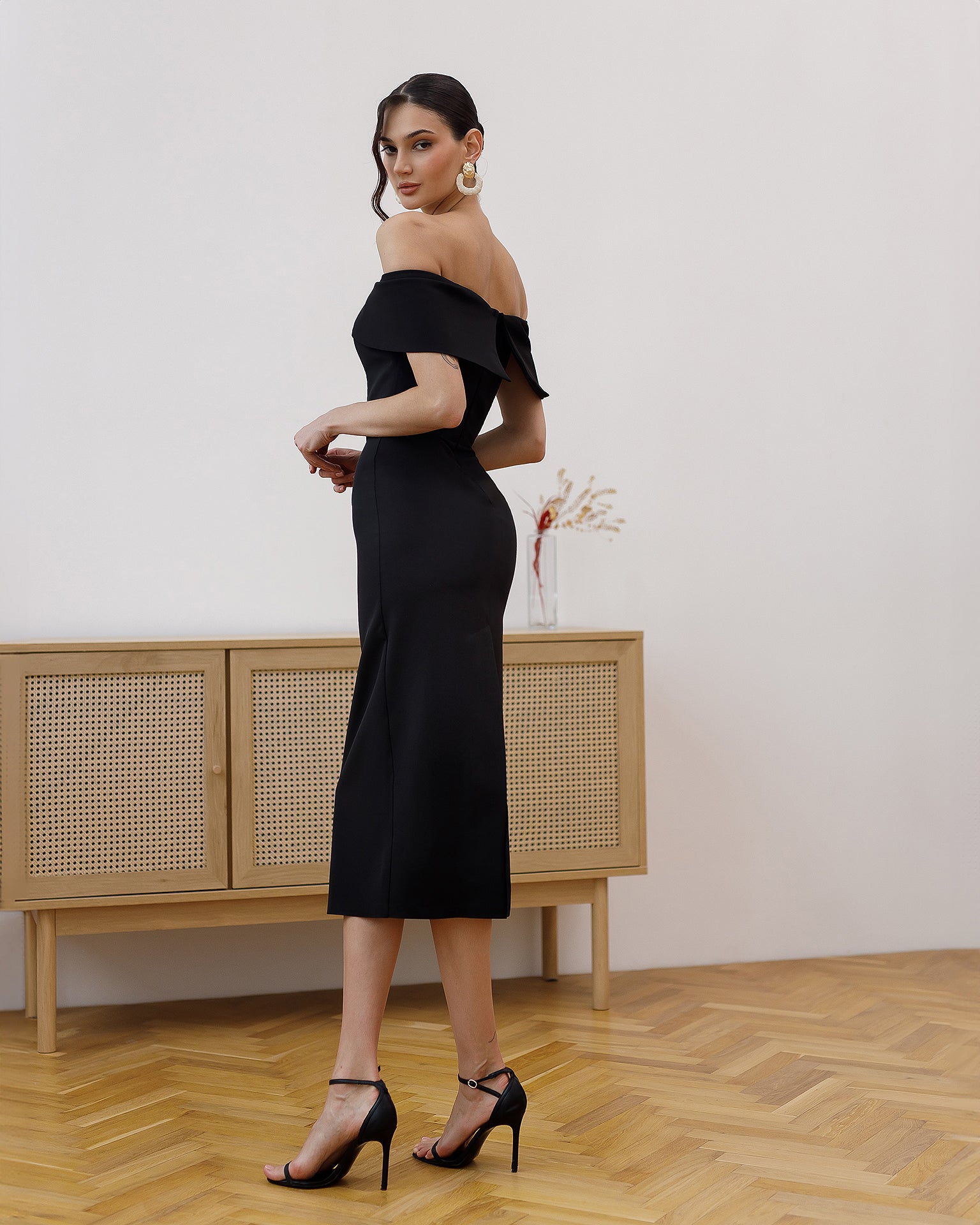 Corset Crepe Midi Dress with Boning in Black, Cream & More