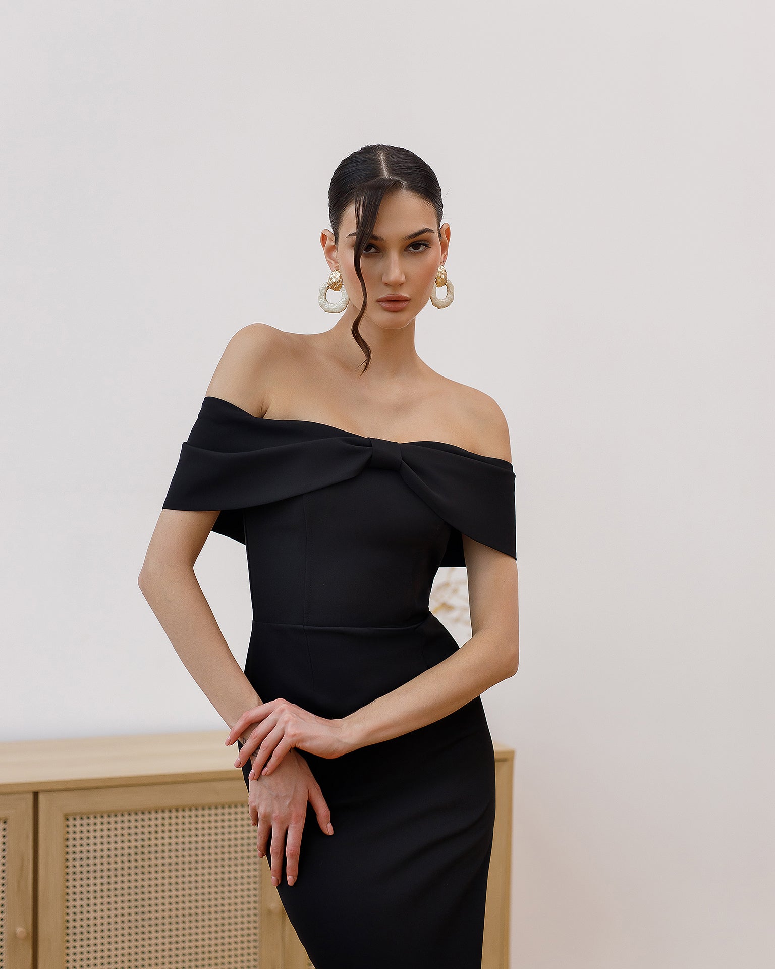 Corset Crepe Midi Dress with Boning in Black, Cream & More