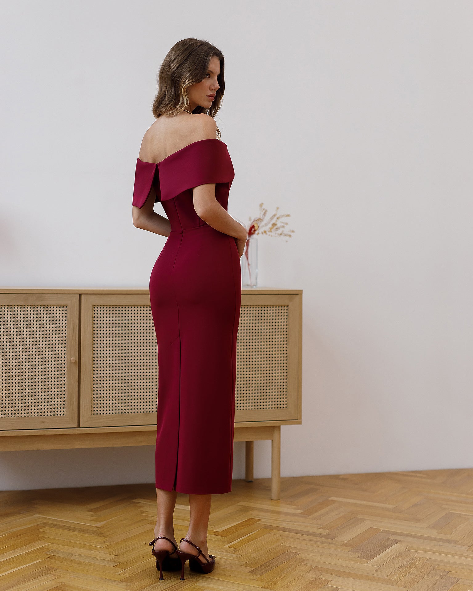 Corset Crepe Midi Dress with Boning in Black, Cream & More