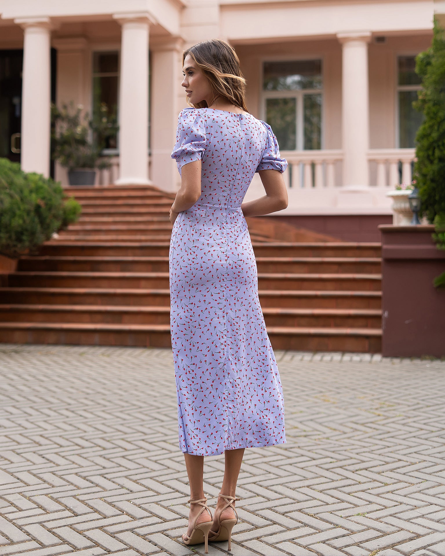 Tulip Print Viscose Twill Maxi Dress in Lavender/Yellow