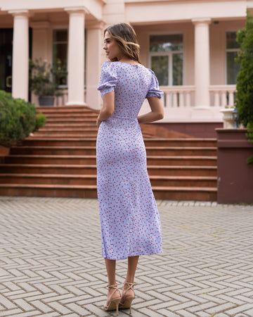 Tulip Print Viscose Twill Maxi Dress in Lavender/Yellow