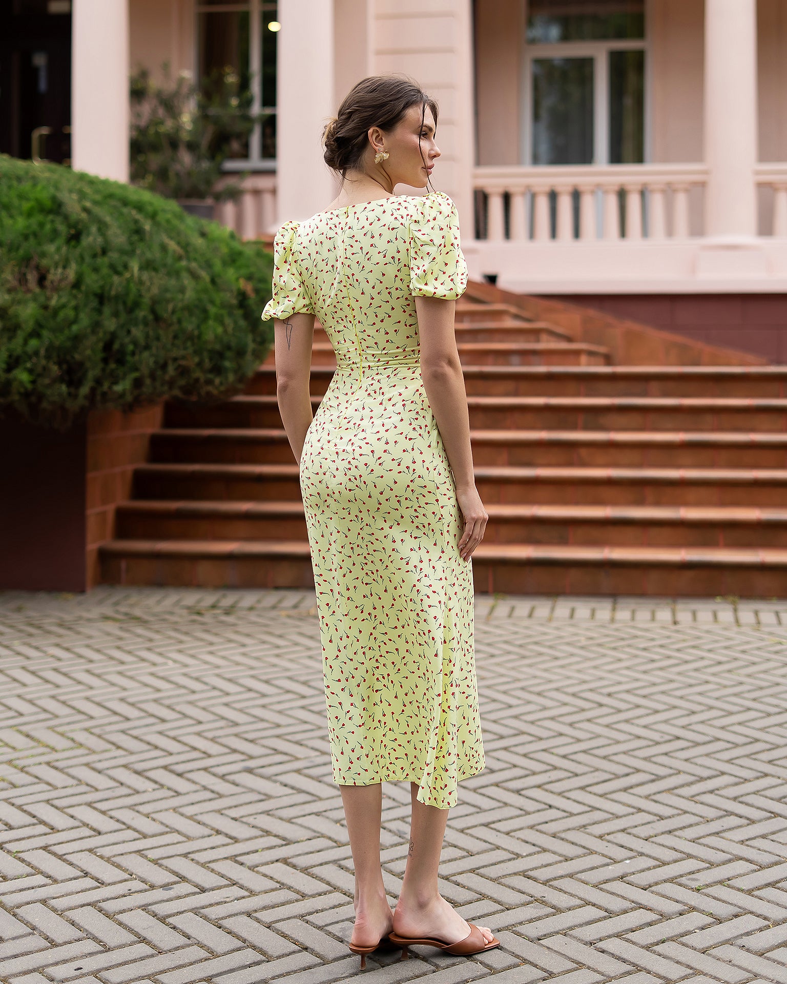 Tulip Print Viscose Twill Maxi Dress in Lavender/Yellow