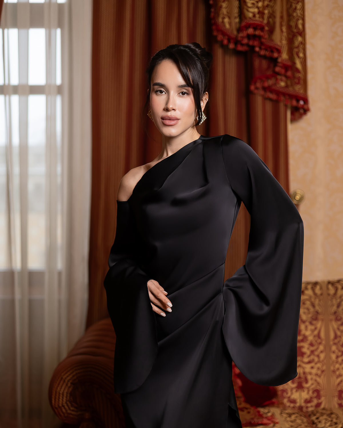 Satin Evening Dress in Ivory, Black, Red, Green, Chocolate