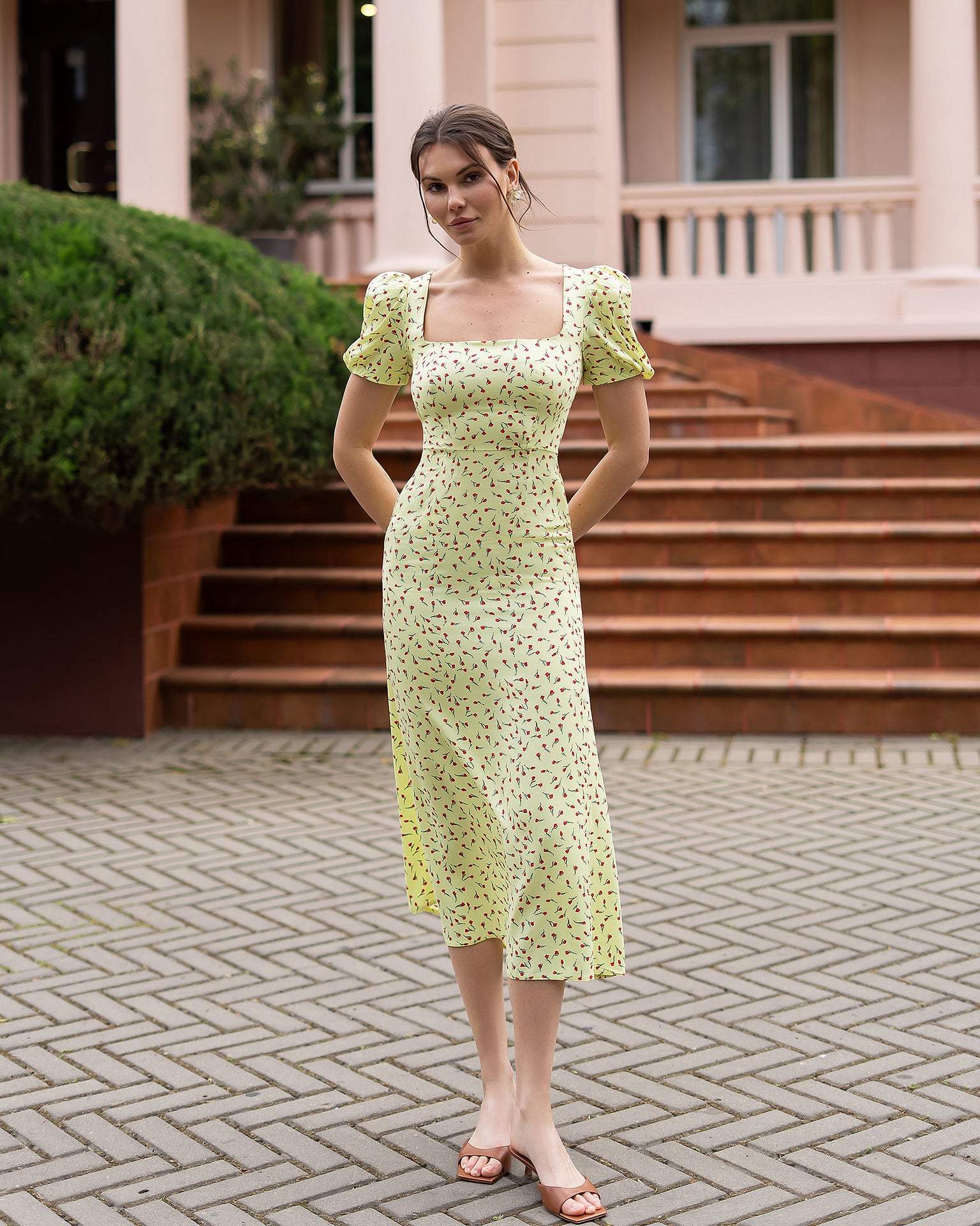 Tulip Print Viscose Twill Maxi Dress in Lavender/Yellow