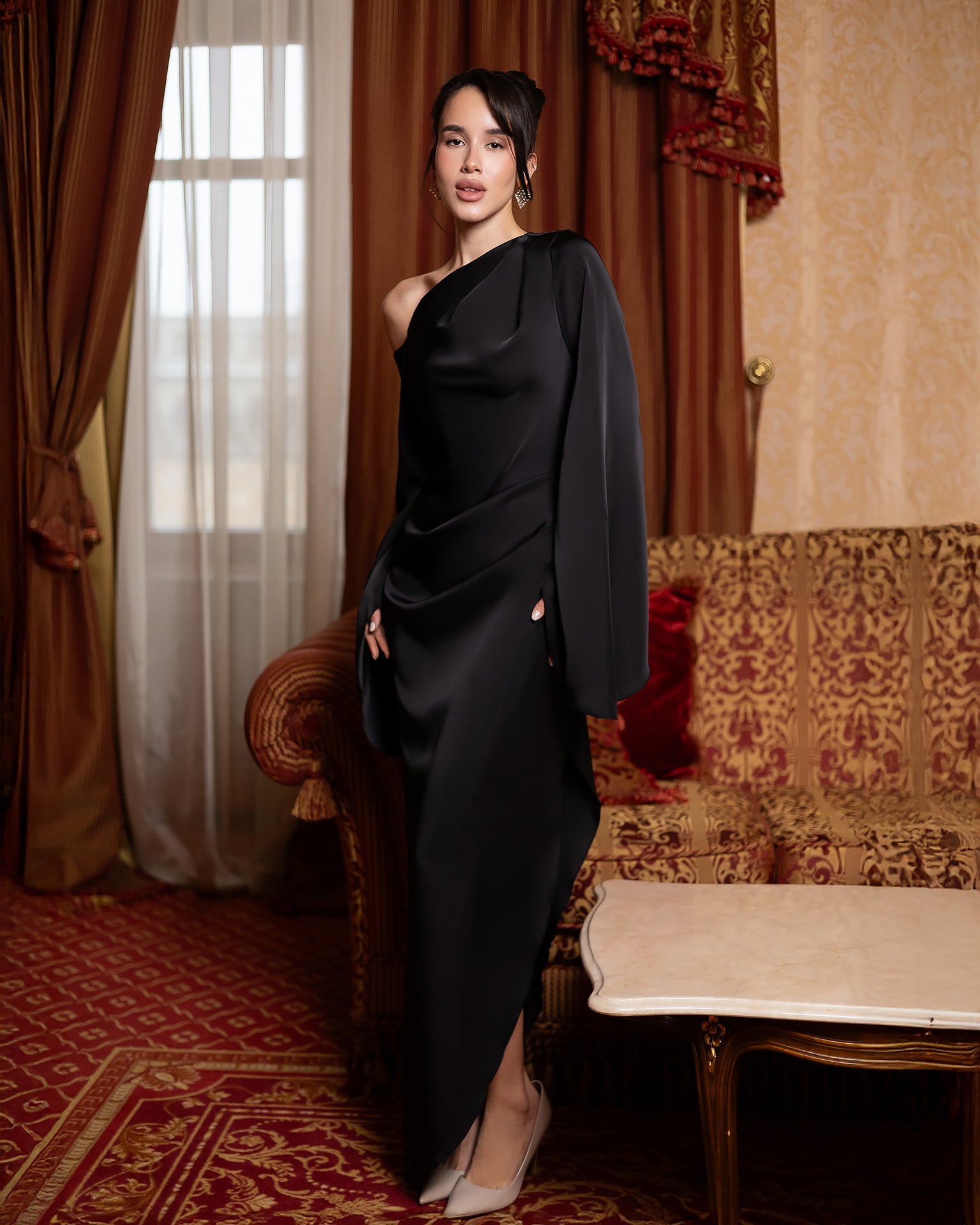 Satin Evening Dress in Ivory, Black, Red, Green, Chocolate