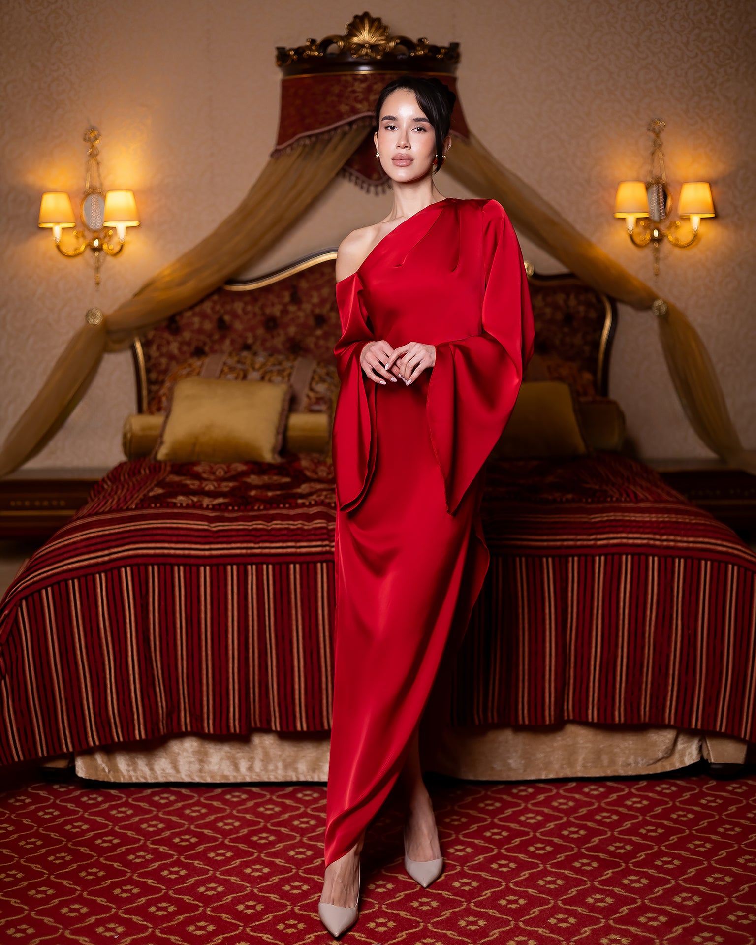 Satin Evening Dress in Ivory, Black, Red, Green, Chocolate