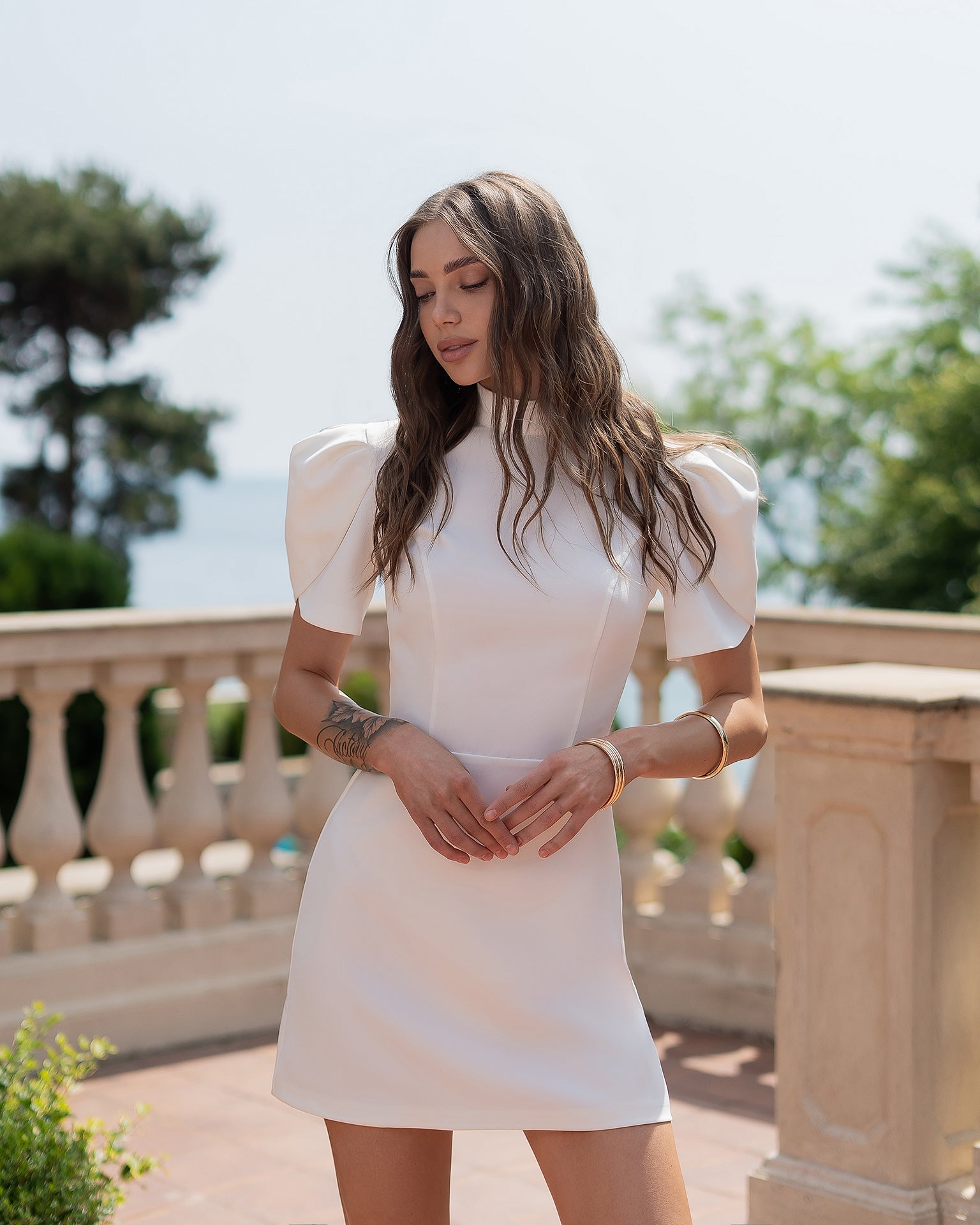 Tailored Crepe Mini Dress with Short Sleeves and Shaping