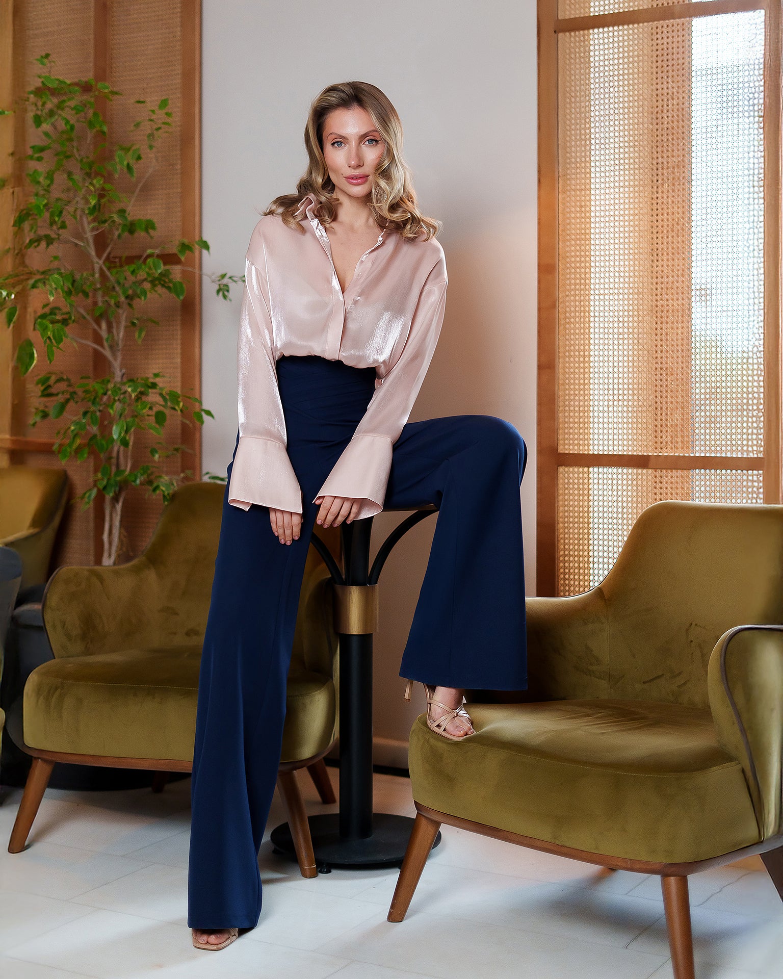 Women's Draped-Waist Crepe Pants – Full-Length Tailored