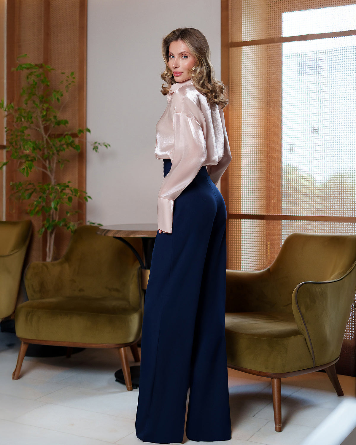 Women's Draped-Waist Crepe Pants – Full-Length Tailored