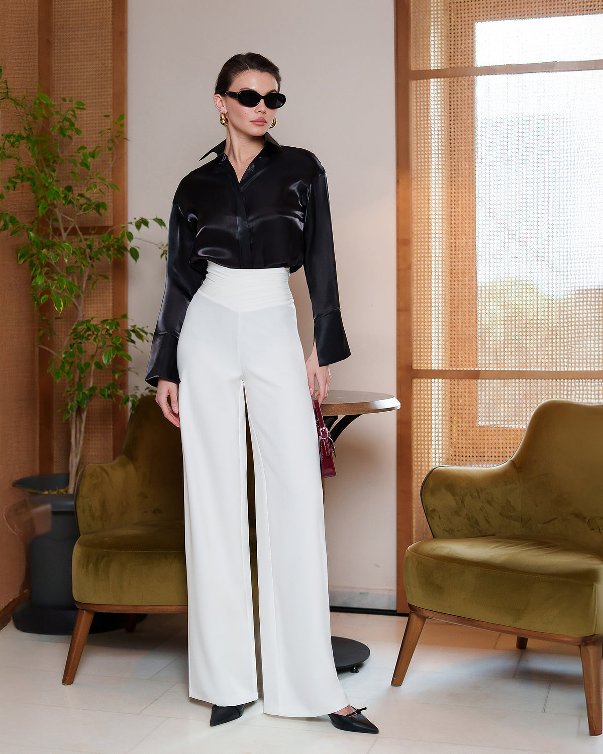 Women's Draped-Waist Crepe Pants – Full-Length Tailored