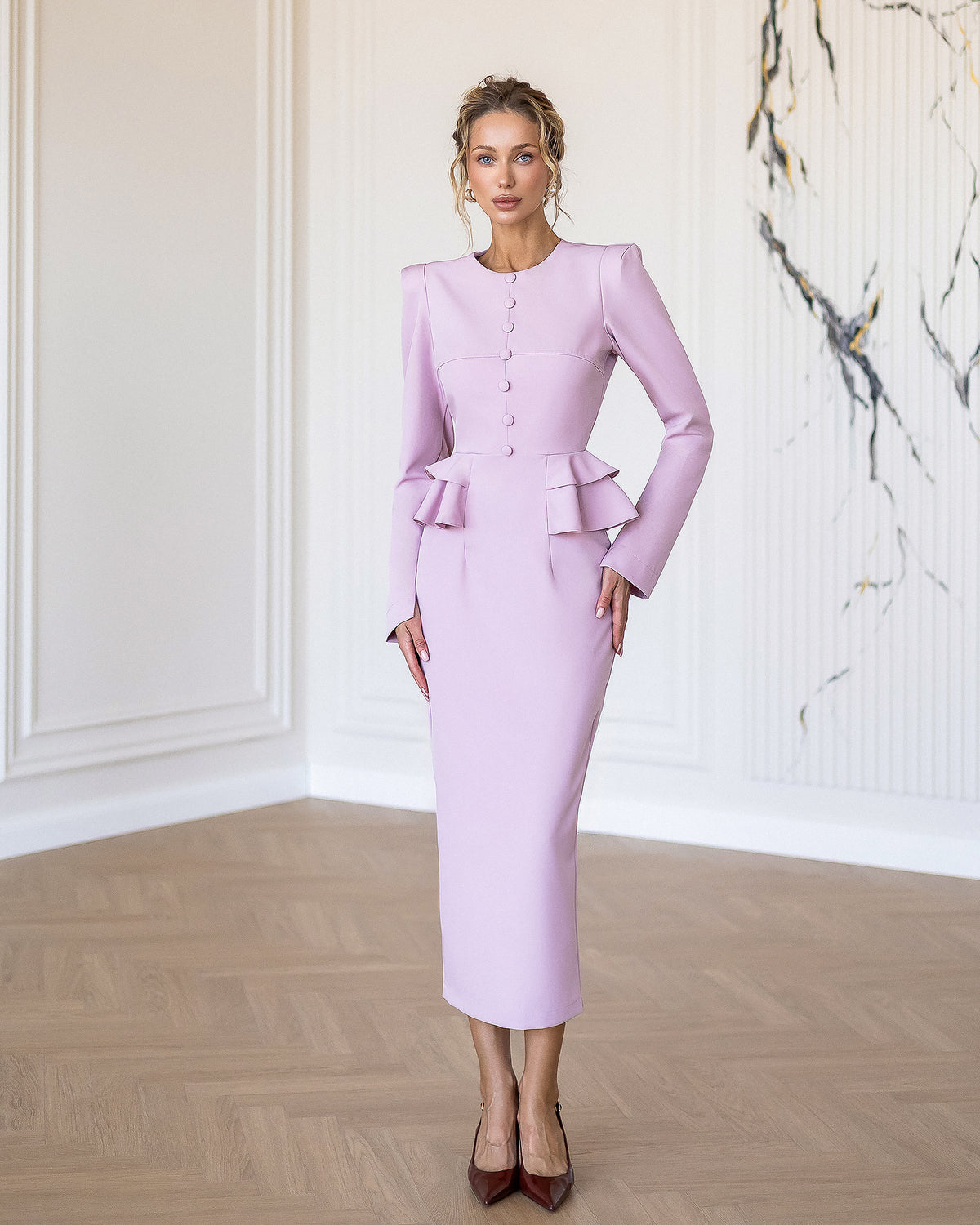 Premium Crepe Midi Dress with Diagonal Weave, XS–L, 5 Colors
