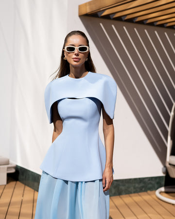 Corset Dress Set with Skirt and Chiffon Capelet in Crepe