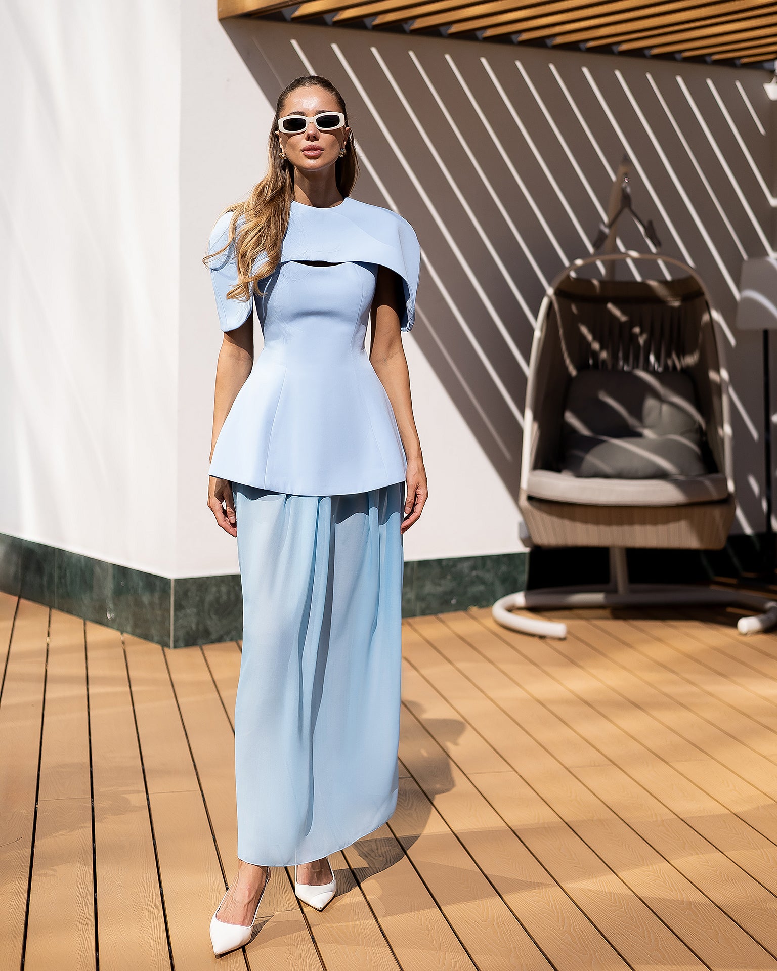 Corset Dress Set with Skirt and Chiffon Capelet in Crepe