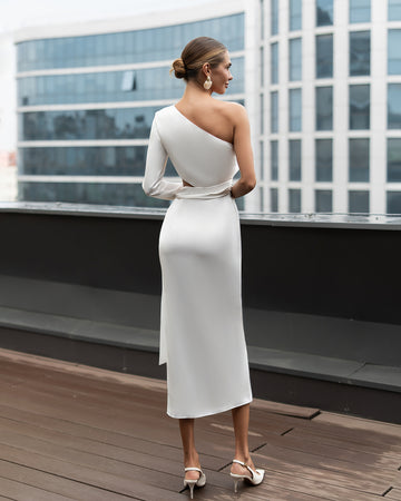 Long-Sleeve Satin Midi Dress in Classic Neutrals & Light Blue