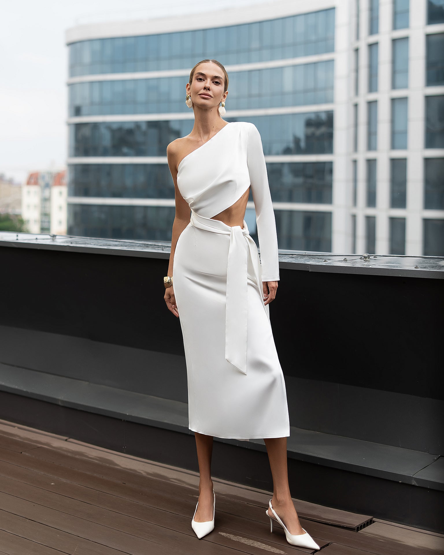 Long-Sleeve Satin Midi Dress in Classic Neutrals & Light Blue