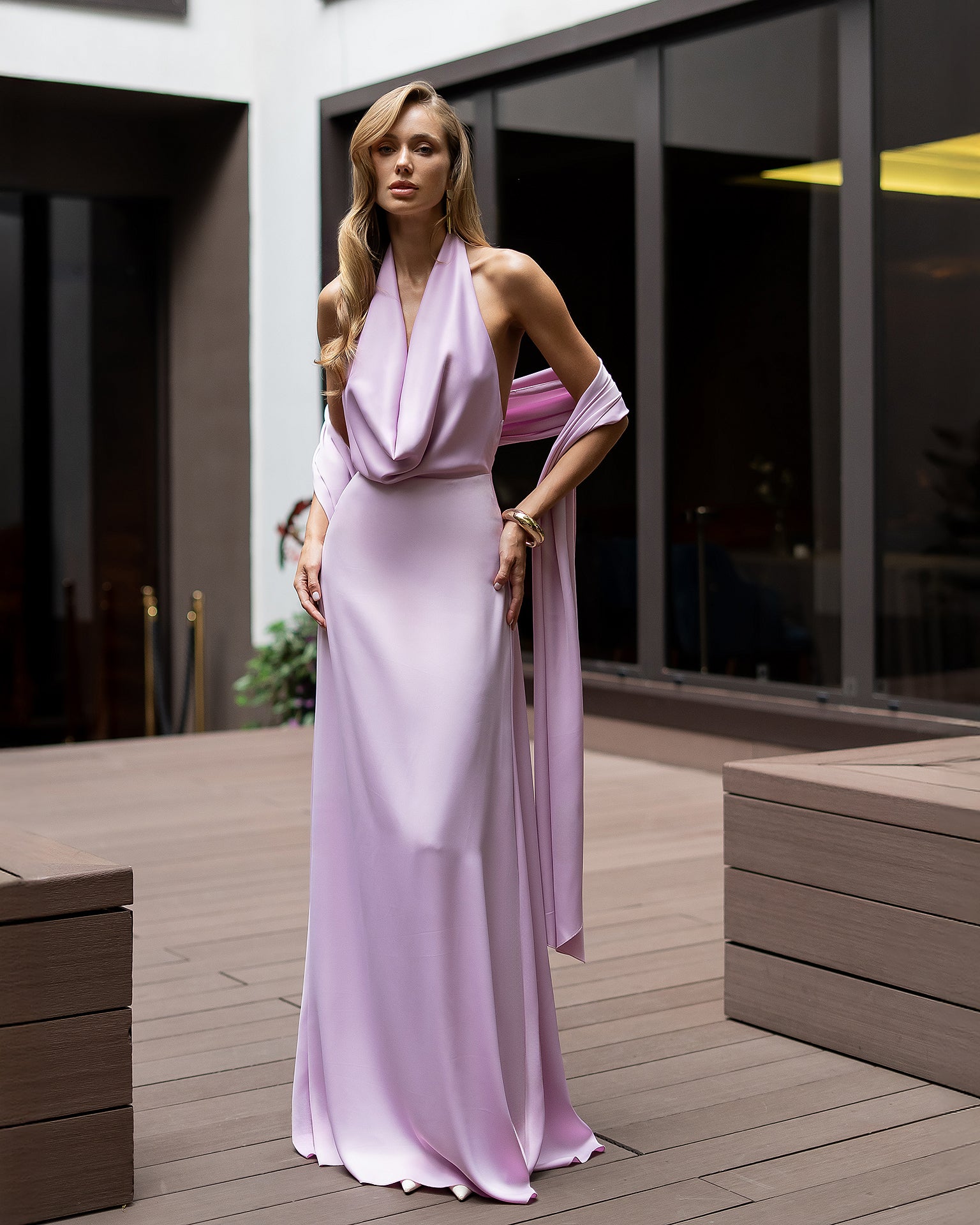 Premium Heavyweight Satin Dress with Matching Scarf, XS–L